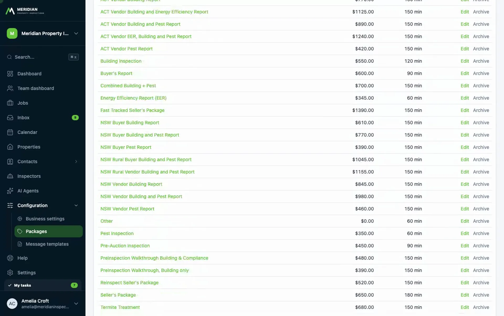 Screen recording of business settings, the package catalogue and message templates