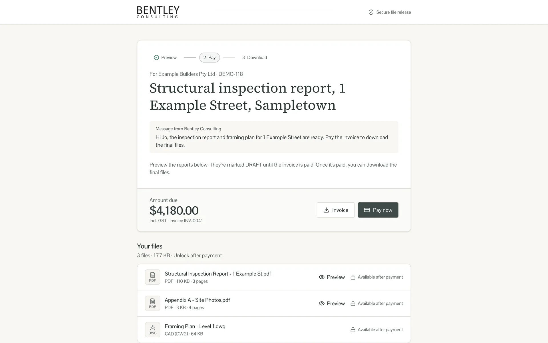 Client page for a demo structural inspection report, with a progress bar, a message from the engineer and $4,180.00 due