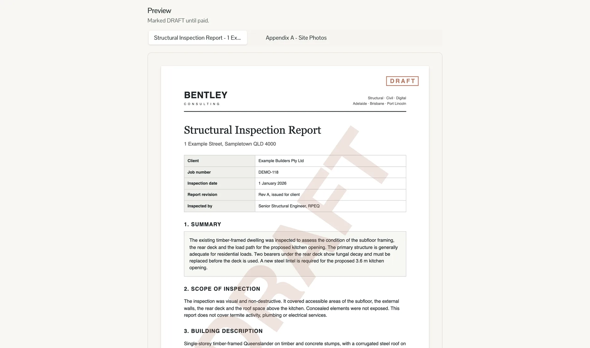 A sample structural inspection report previewed in the browser with a large diagonal DRAFT stamp and a DRAFT label