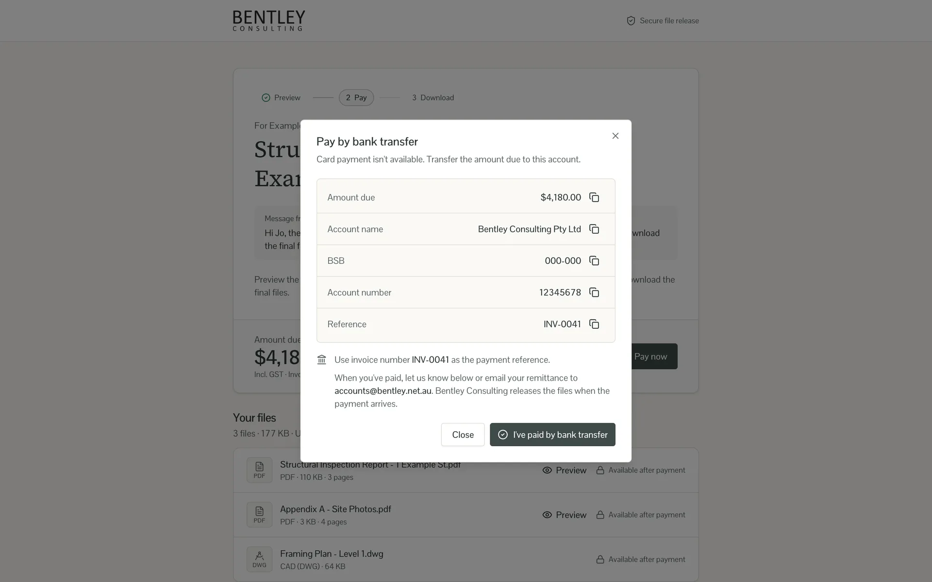 Pay by bank transfer dialog listing amount due, account name, BSB, account number and reference, each with a copy button