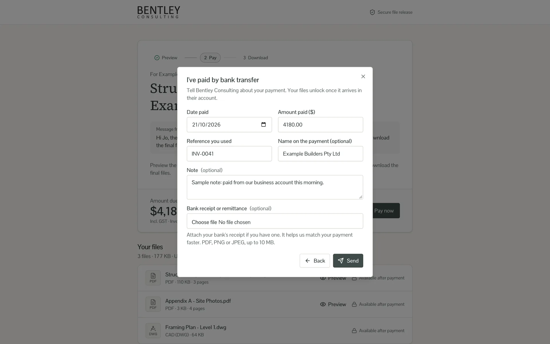 Form titled "I've paid by bank transfer" with date paid, amount, reference, payer name, note and an optional remittance file