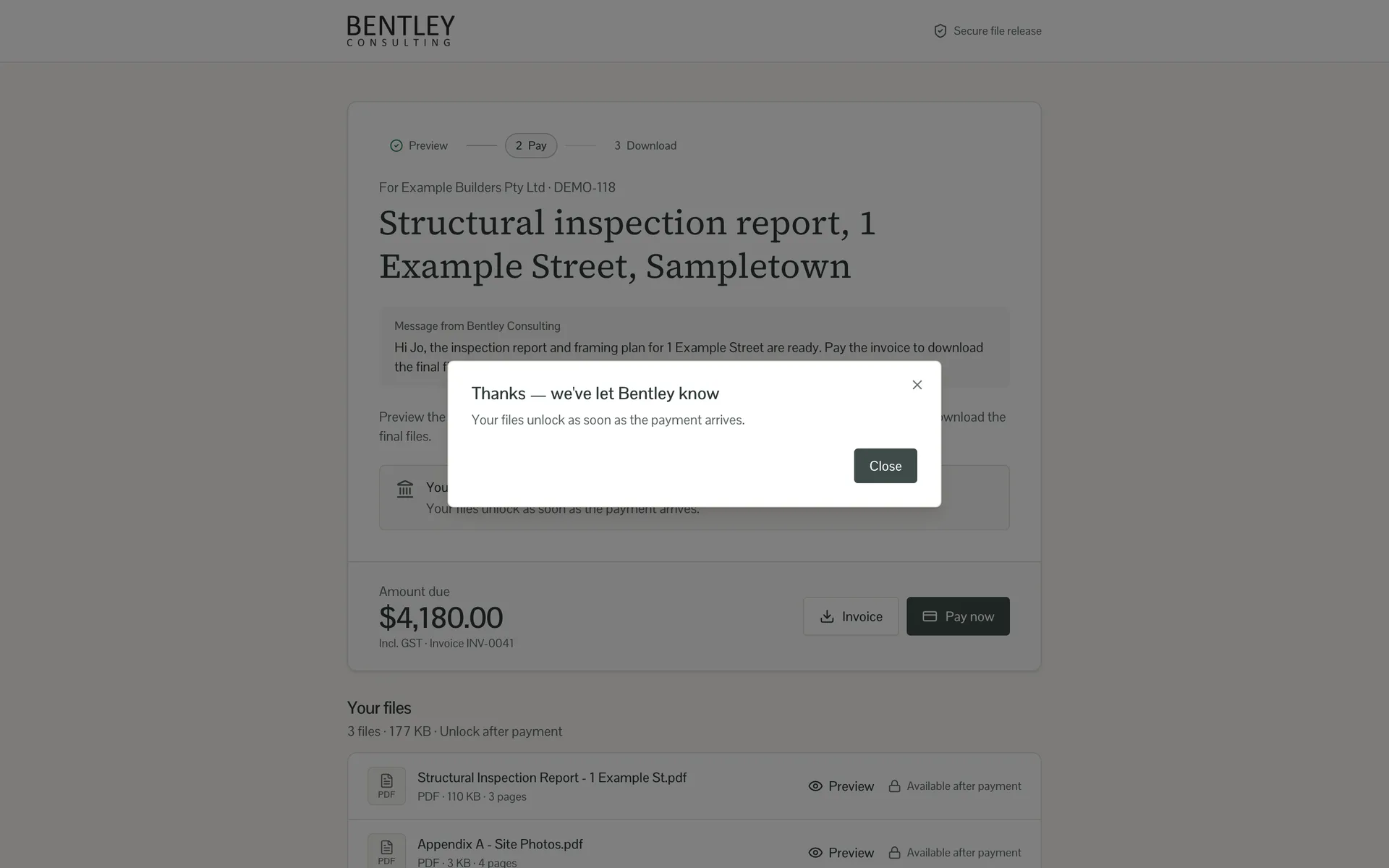 Confirmation message saying the firm has been told, over the client page