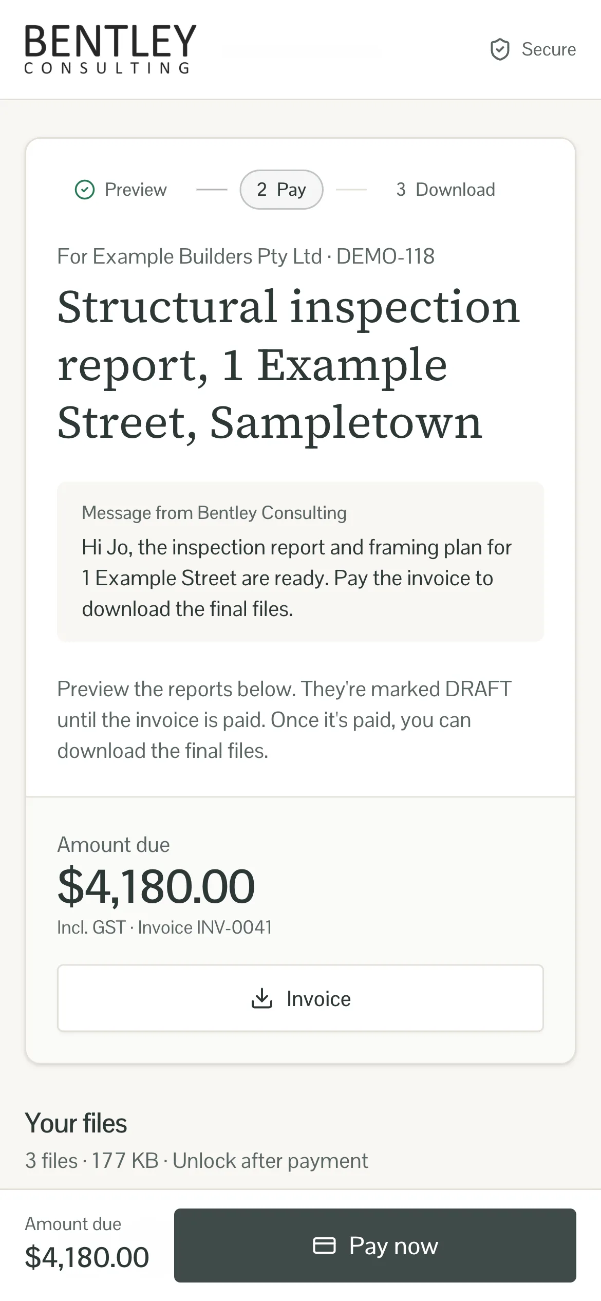 Mobile client page with the job title, a message, the amount due and a fixed Pay now bar