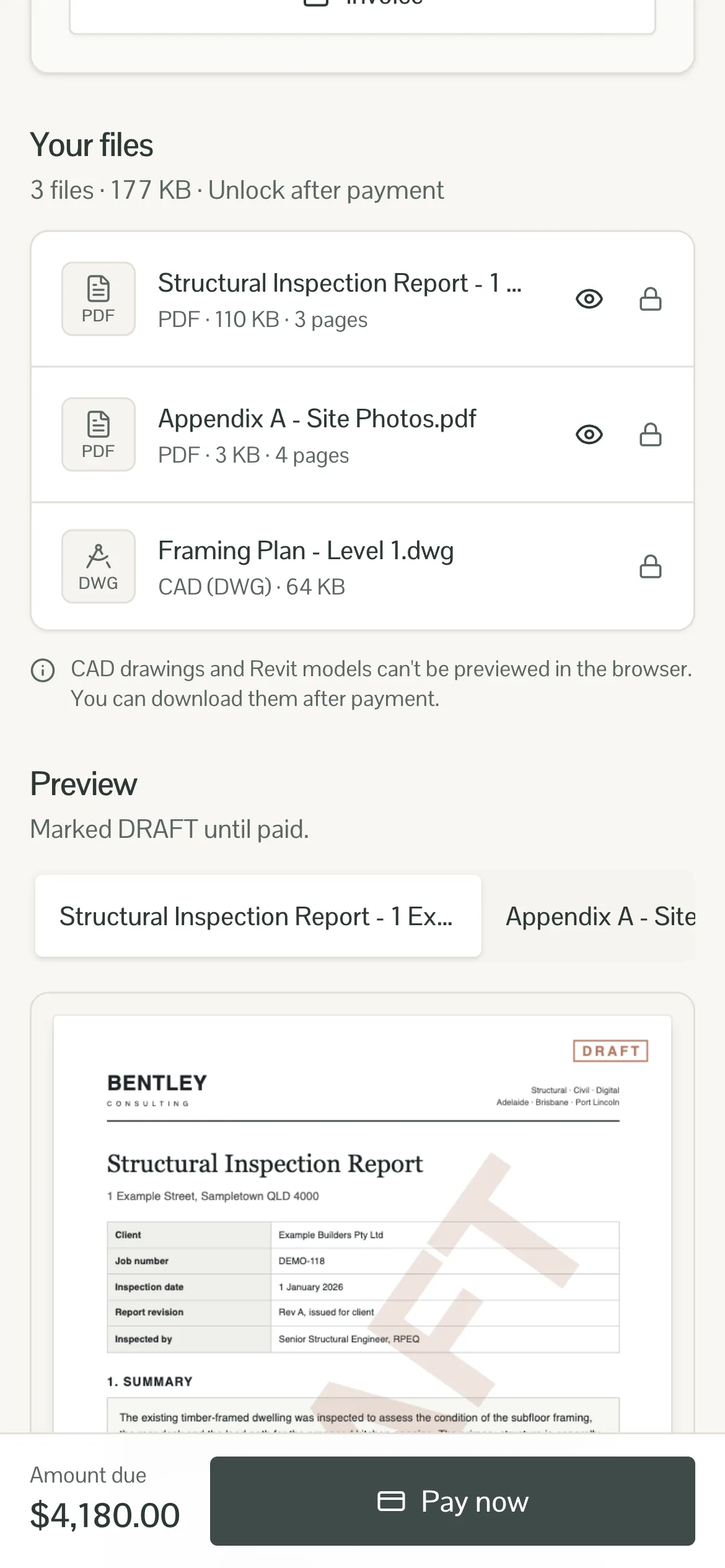 Mobile view of the file list and a DRAFT-stamped report preview