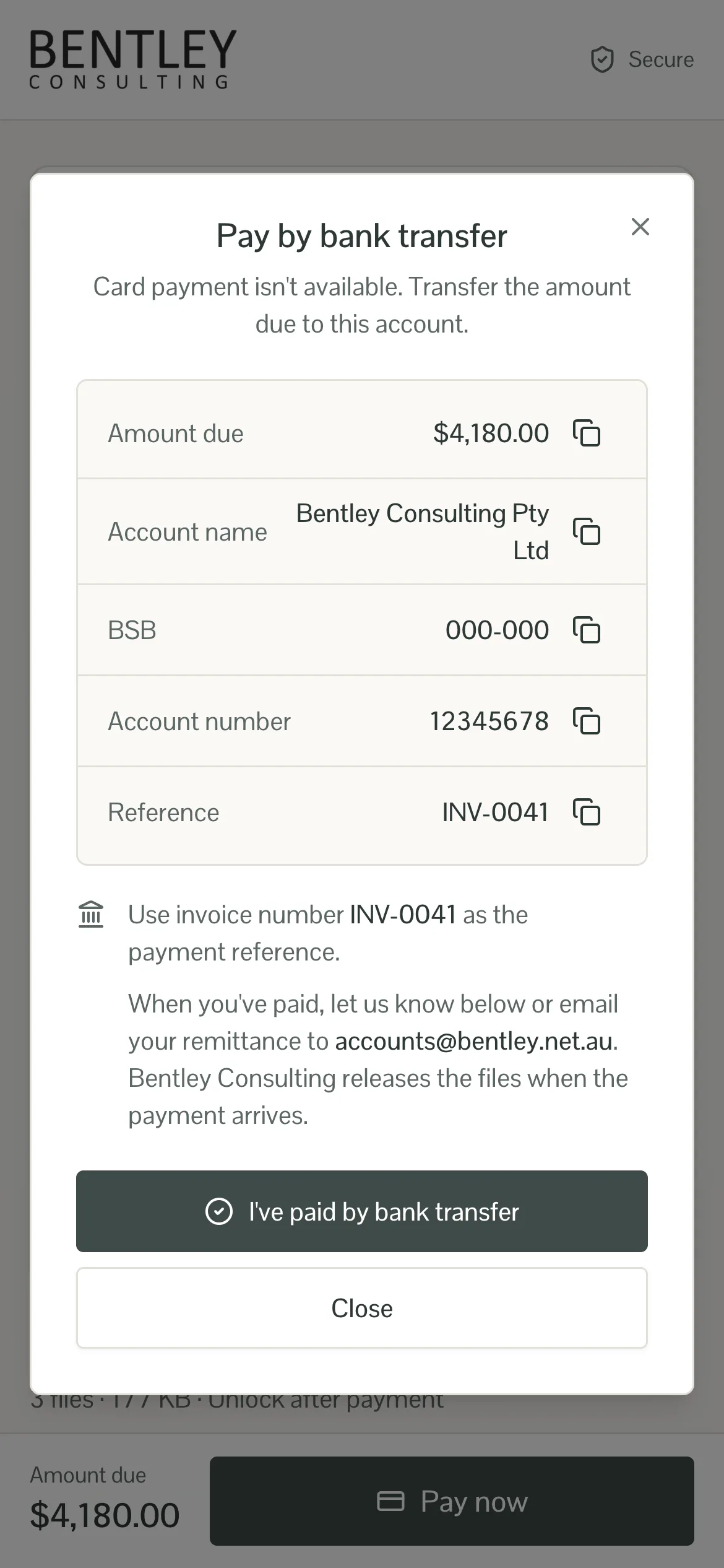 Mobile pay by bank transfer dialog with copy buttons and an "I've paid by bank transfer" button