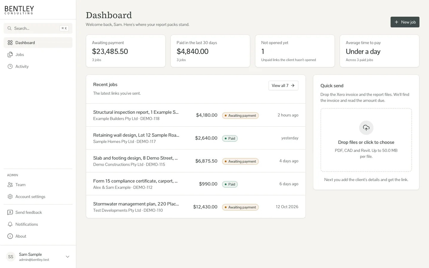 Dashboard with four metric cards, a list of recent demo jobs and a Quick send drop zone