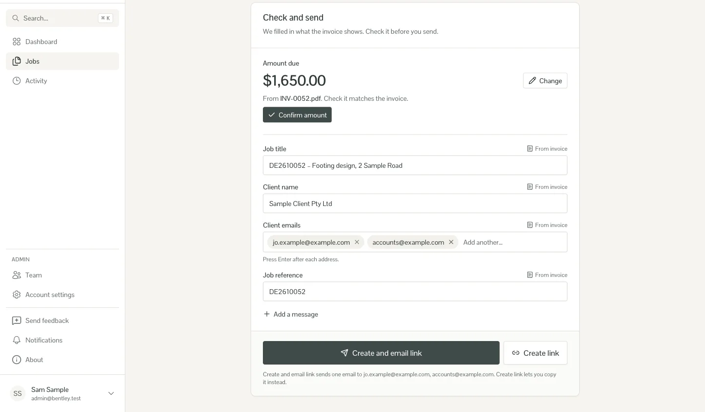 Check and send form with fields marked "From invoice", two example.com email tags and a Create and email link button