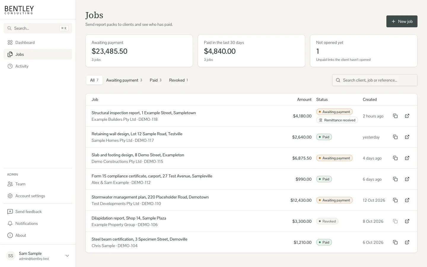 Jobs list with tabs for awaiting payment, paid and revoked, and a remittance badge on one job