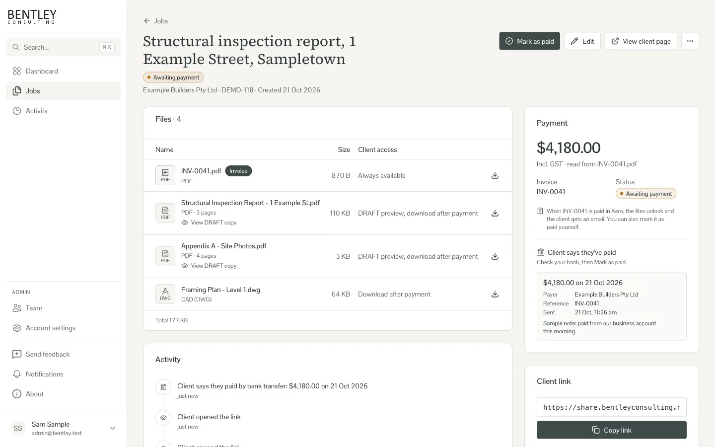 Job page with four files and their client access, and a payment card that says the files unlock when INV-0041 is paid in Xero