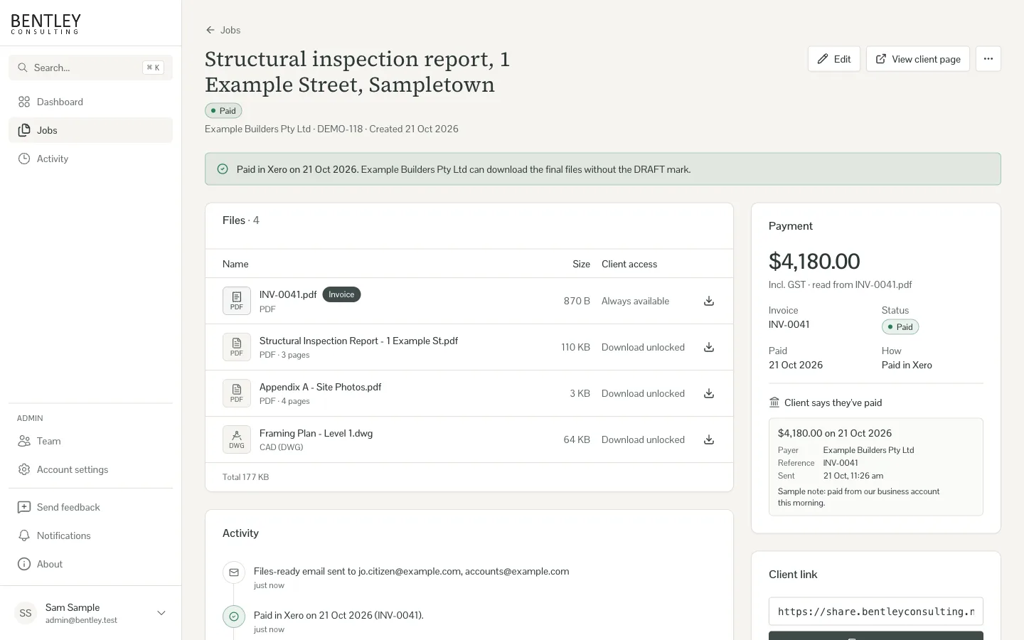 Job page marked "Paid in Xero" with files showing "Download unlocked" and timeline entries for the payment and the email