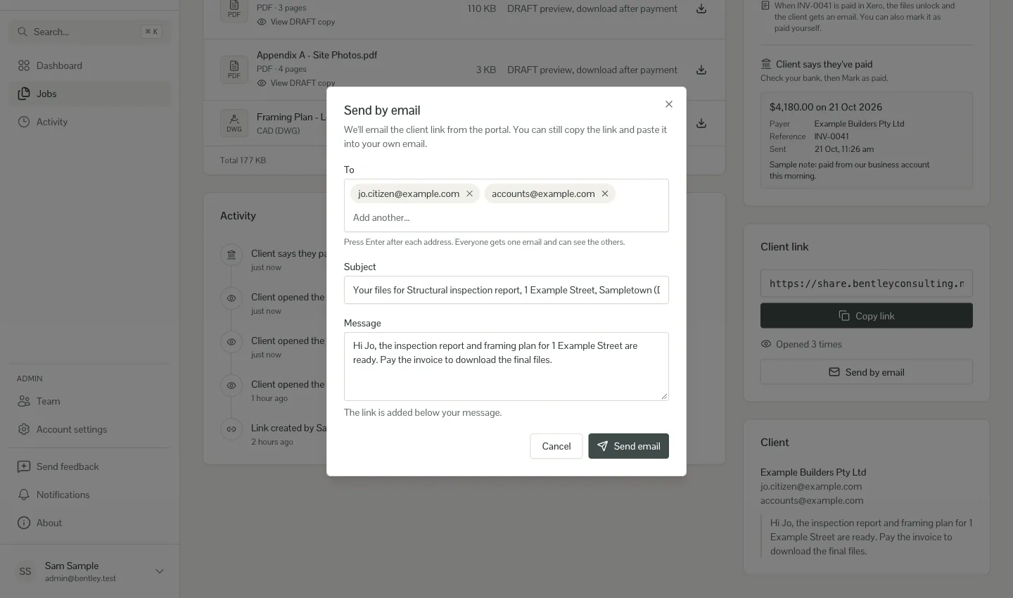 Send by email dialog with two example.com recipients, a subject and a message