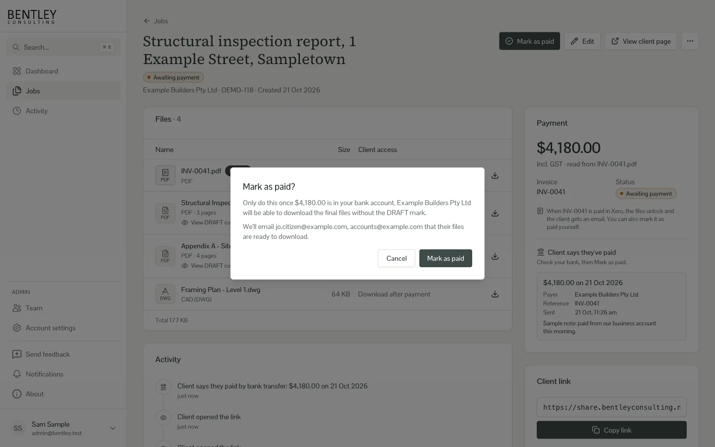Confirmation dialog: "Mark as paid? Only do this once $4,180.00 is in your bank account."