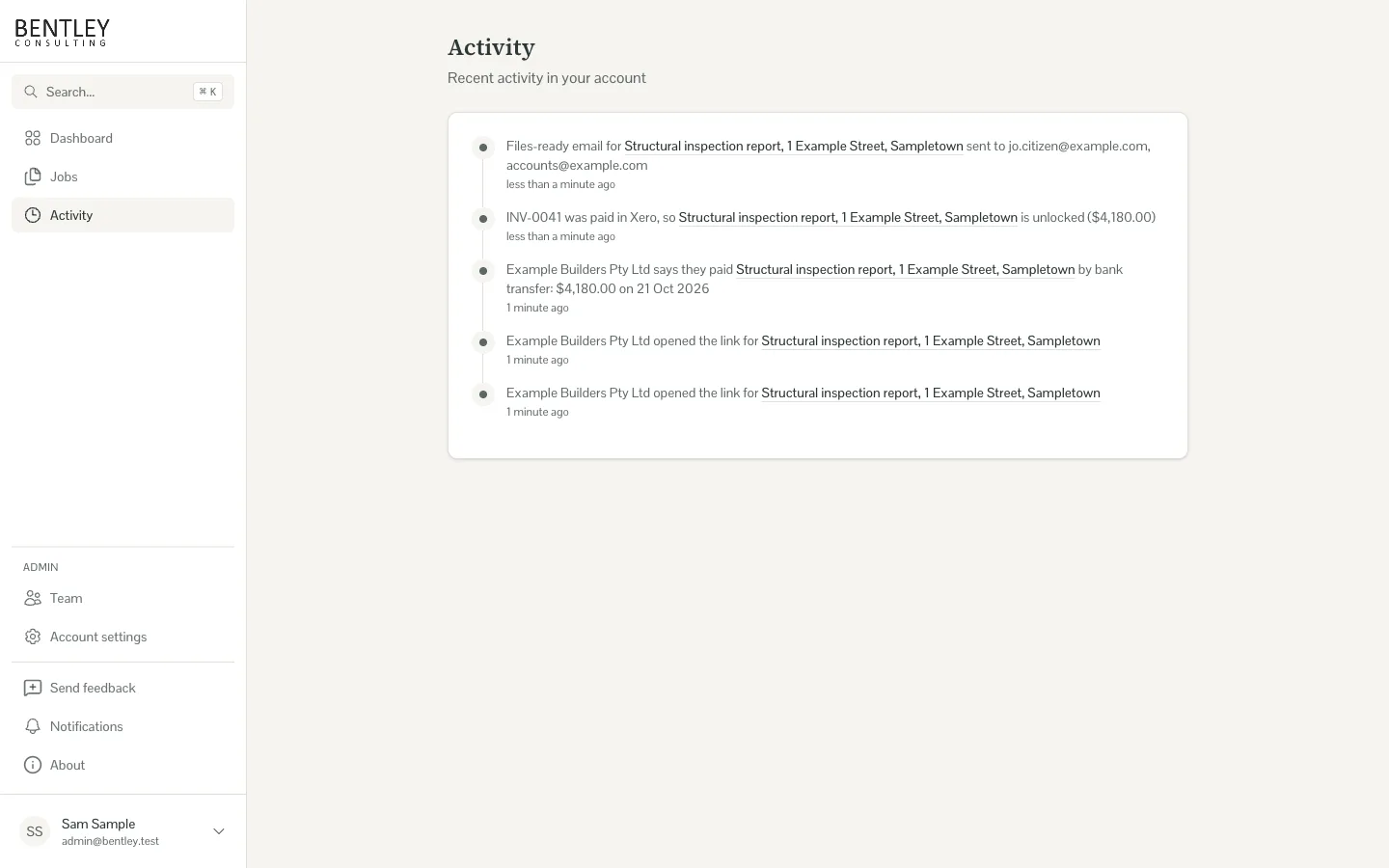 Activity feed listing link opens, a remittance notice, a payment in Xero and the files-ready email