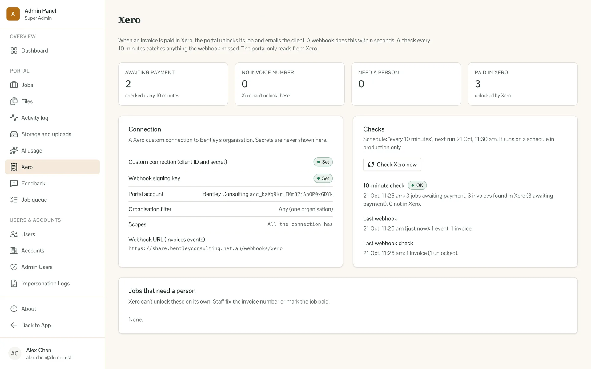 Admin page titled Xero with job counts, connection settings, the 10-minute check marked OK and the last webhook