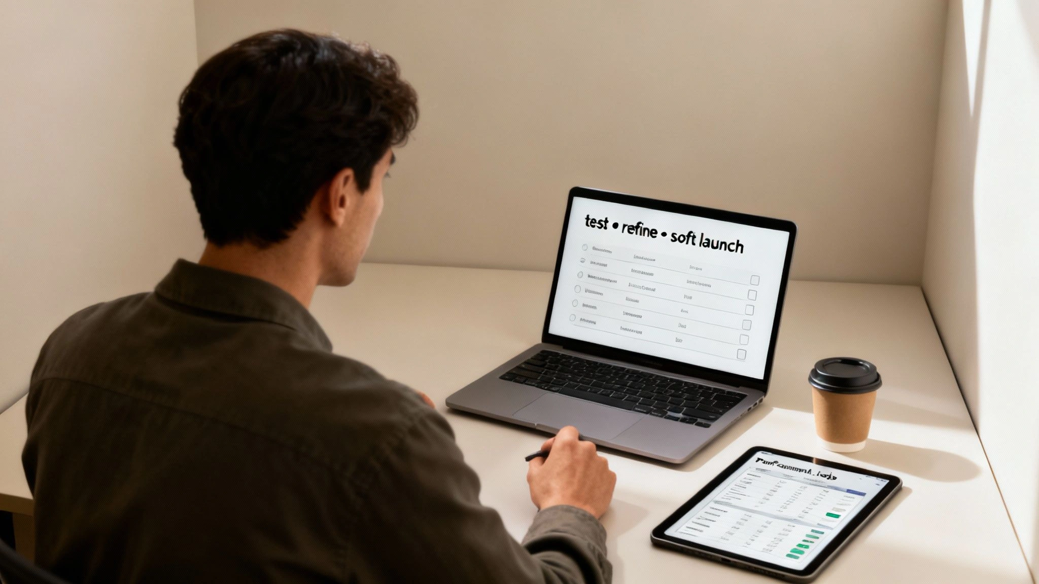 A team of professionals collaborating around a large screen displaying complex data visualisations and code.