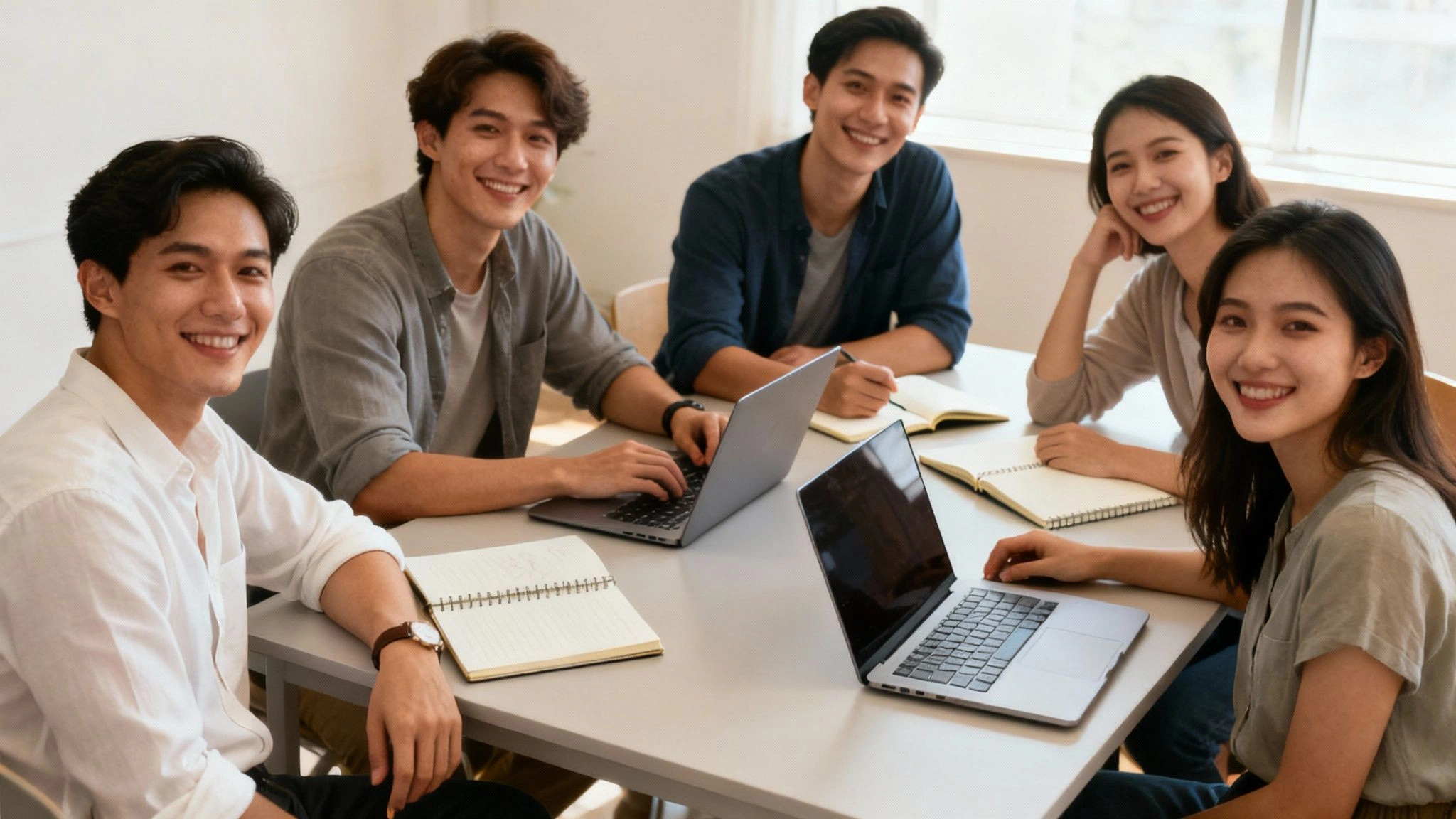 A happy and collaborative team working in a bright, modern office space.