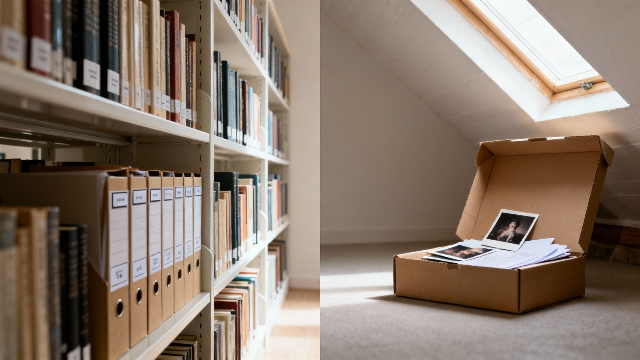 A split image showing an organised library on one side and a chaotic but intriguing attic on the other.
