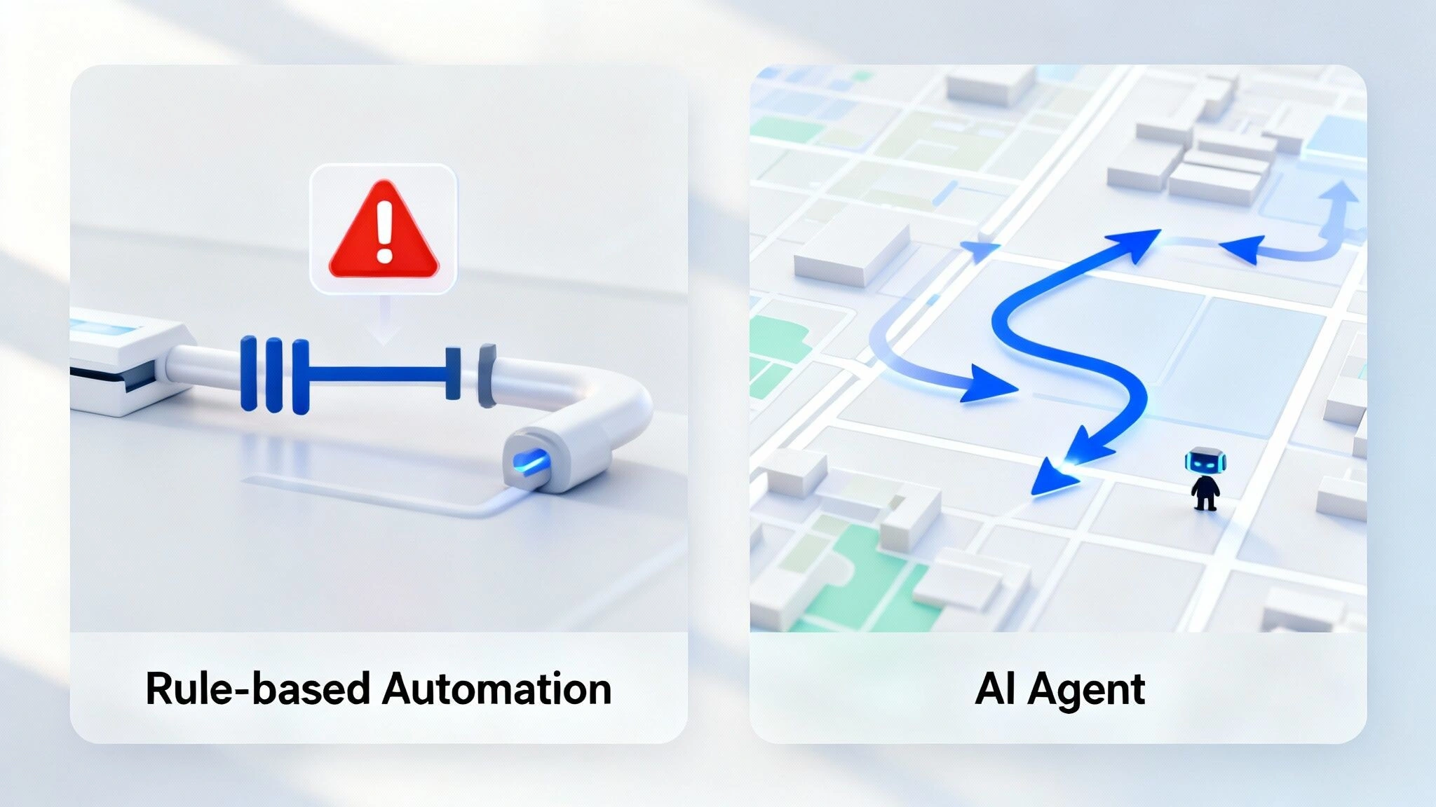 A split-screen image showing a rigid, linear process on one side for automation, and a dynamic, branching network of decisions on the other for an AI agent.