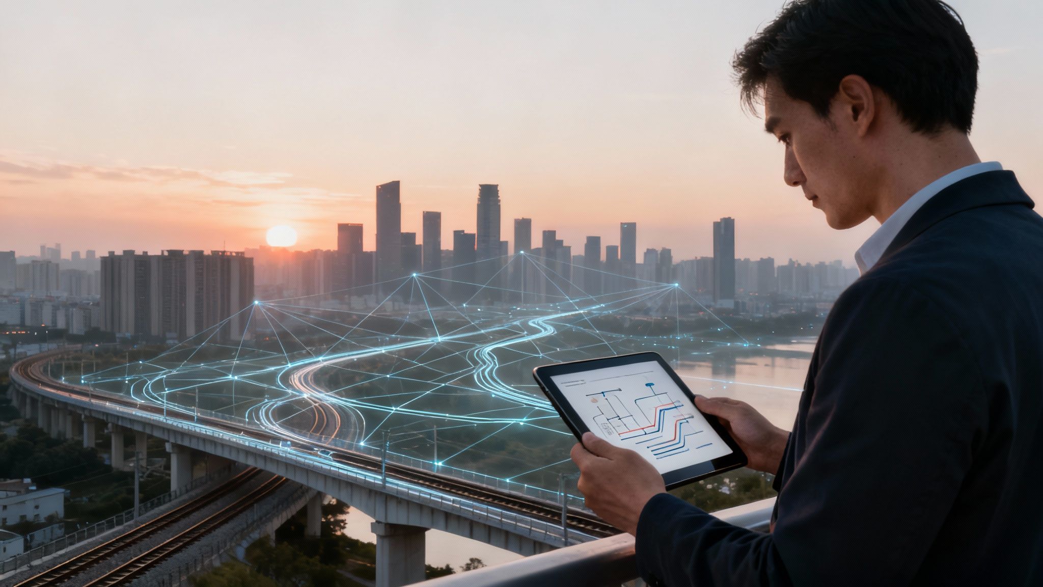 A modern cityscape with digital overlays showing data and network connections, representing the intersection of physical and system architecture.