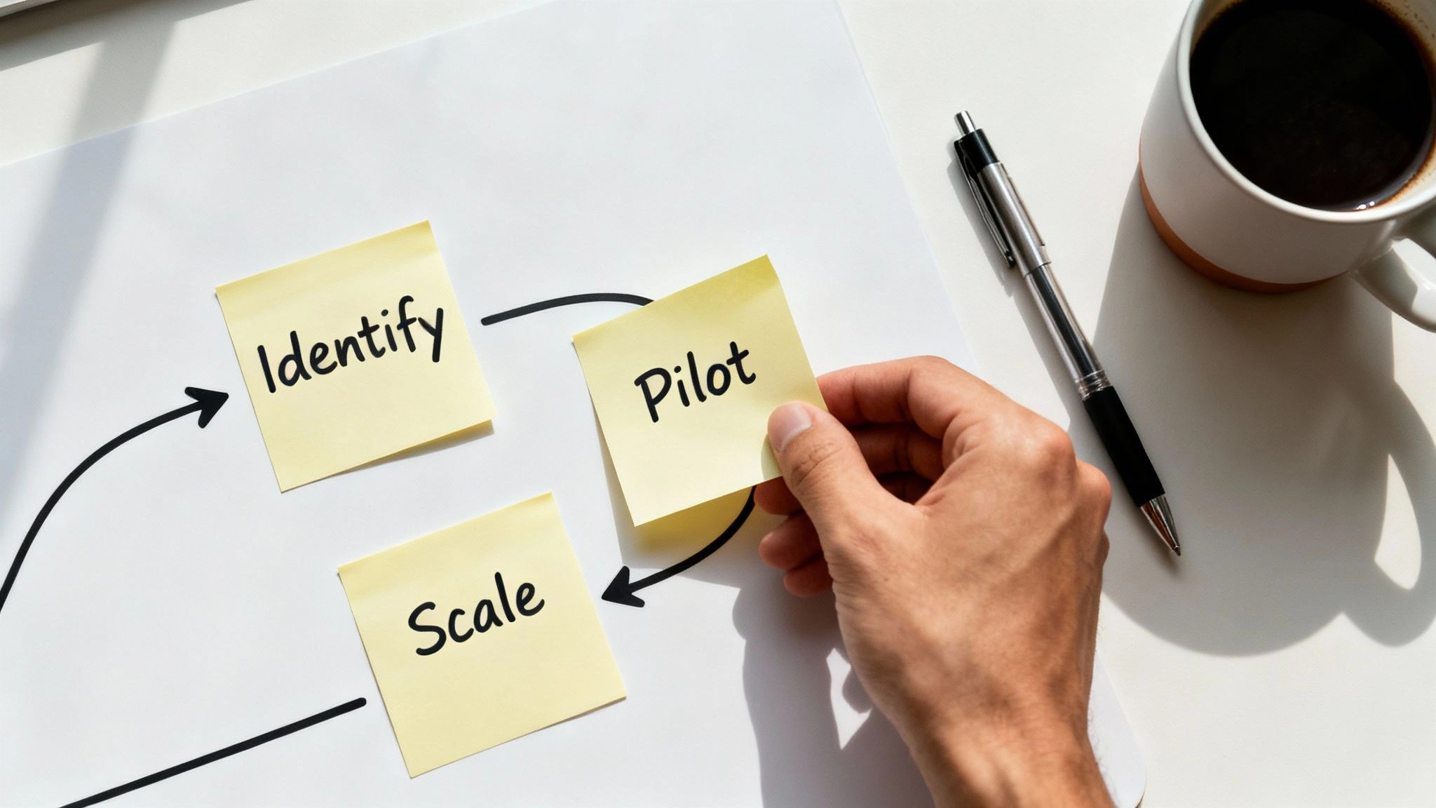 A person at a crossroads, looking at a signpost pointing towards 'Automation'.