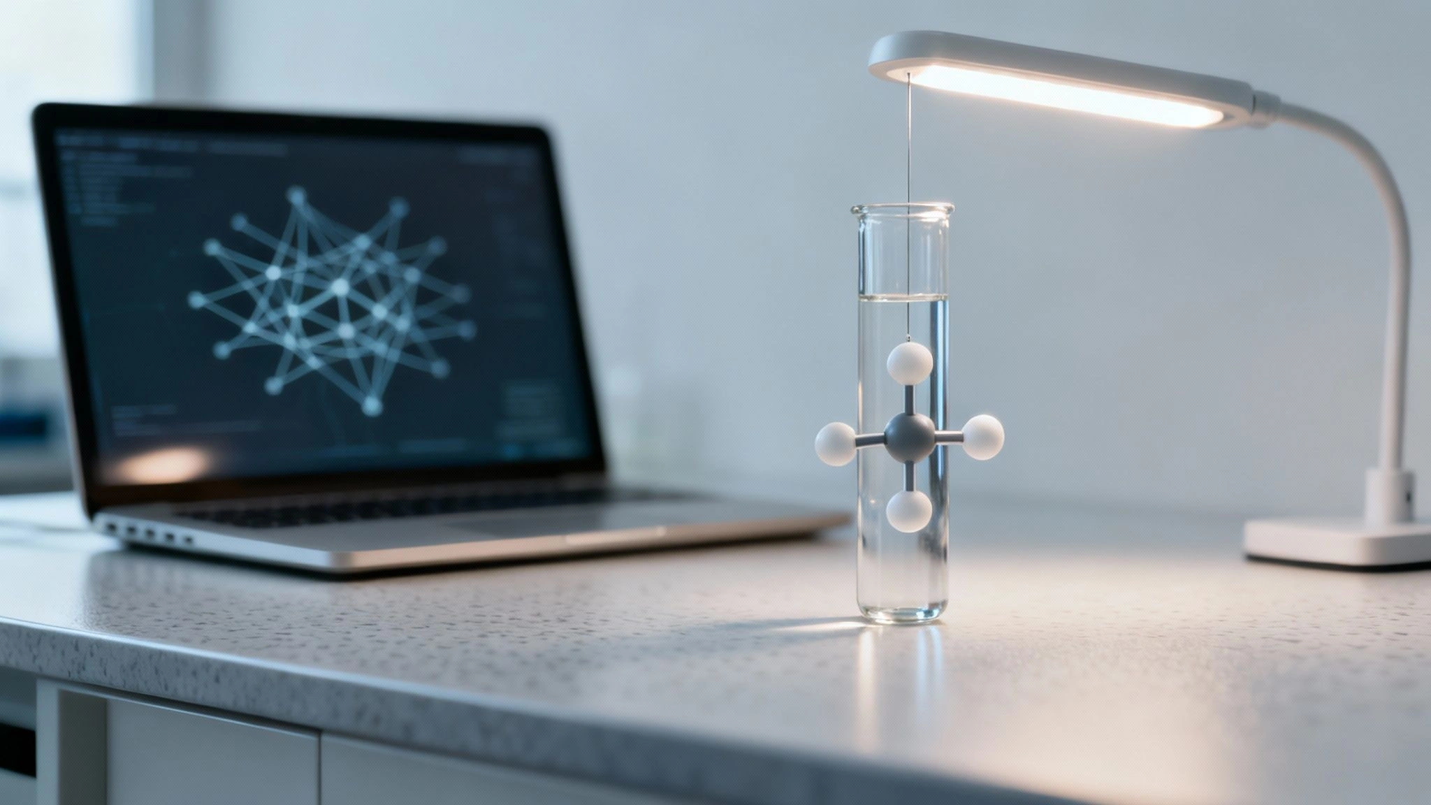 A modern lab setup featuring a laptop displaying a network, a test tube with a molecular model, and a desk lamp.