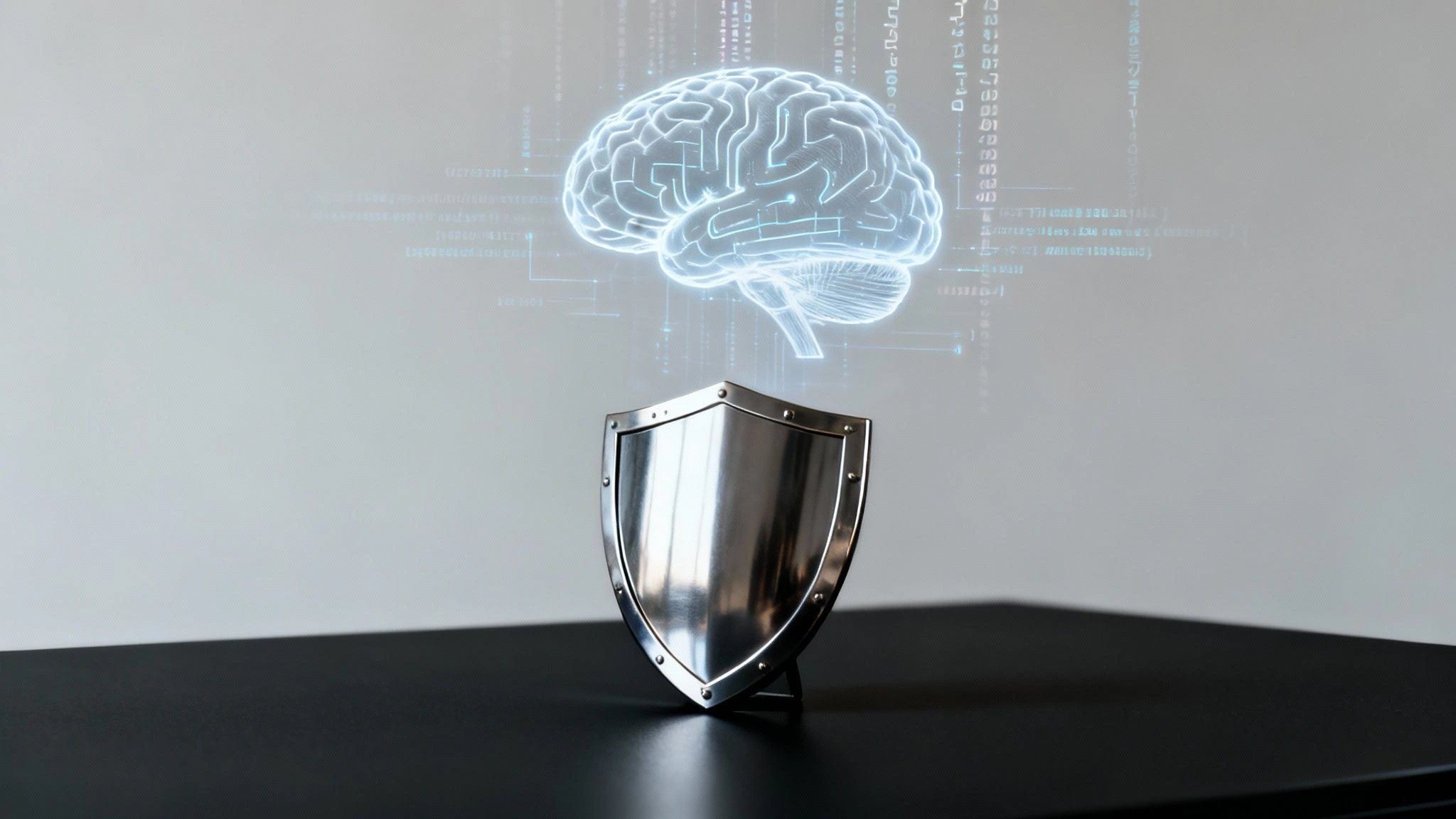 A glowing holographic AI brain is protected by a metallic shield, with digital code in the background.
