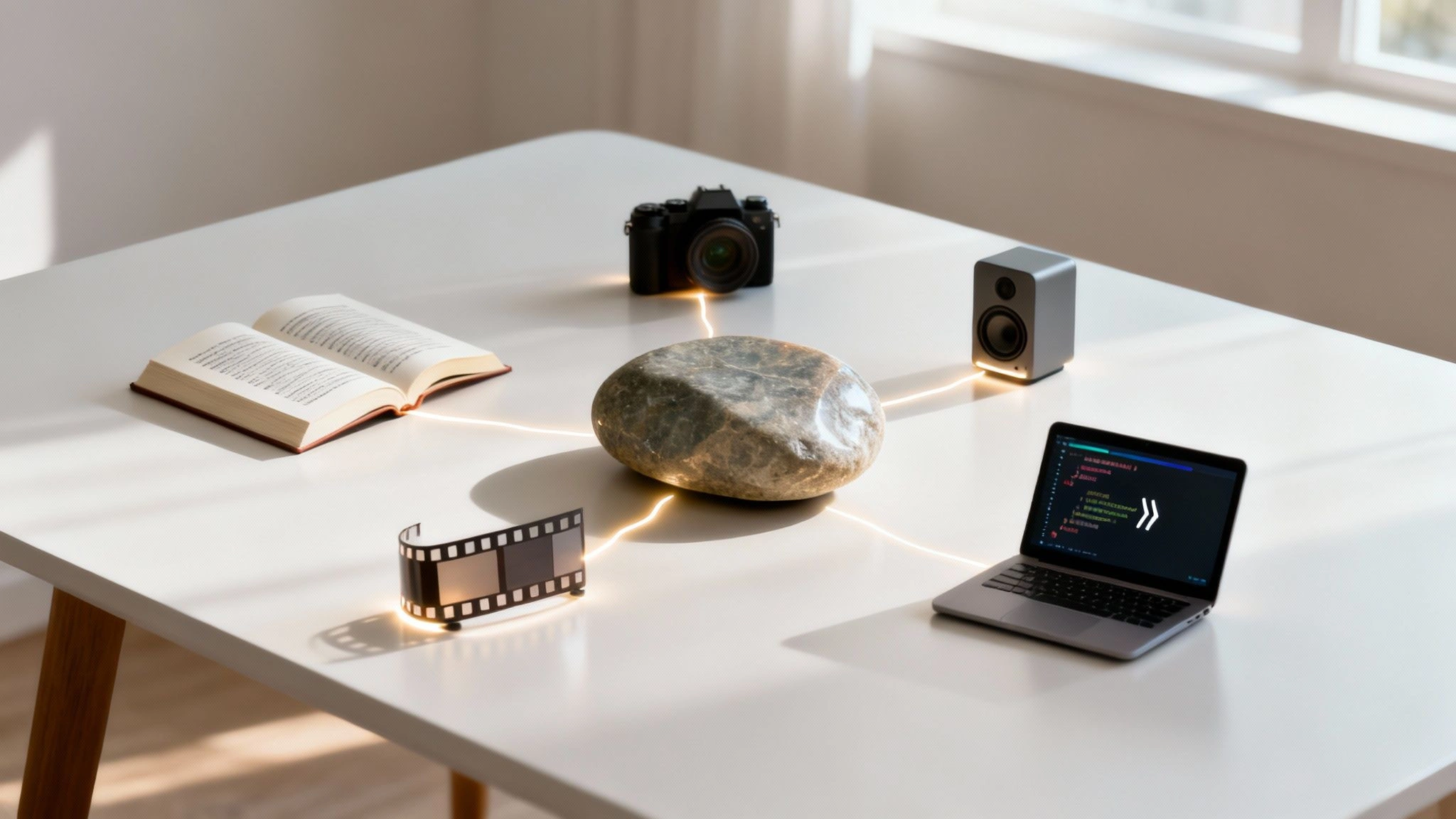A central glowing stone on a white table connects to a book, camera, speaker, film, and laptop.