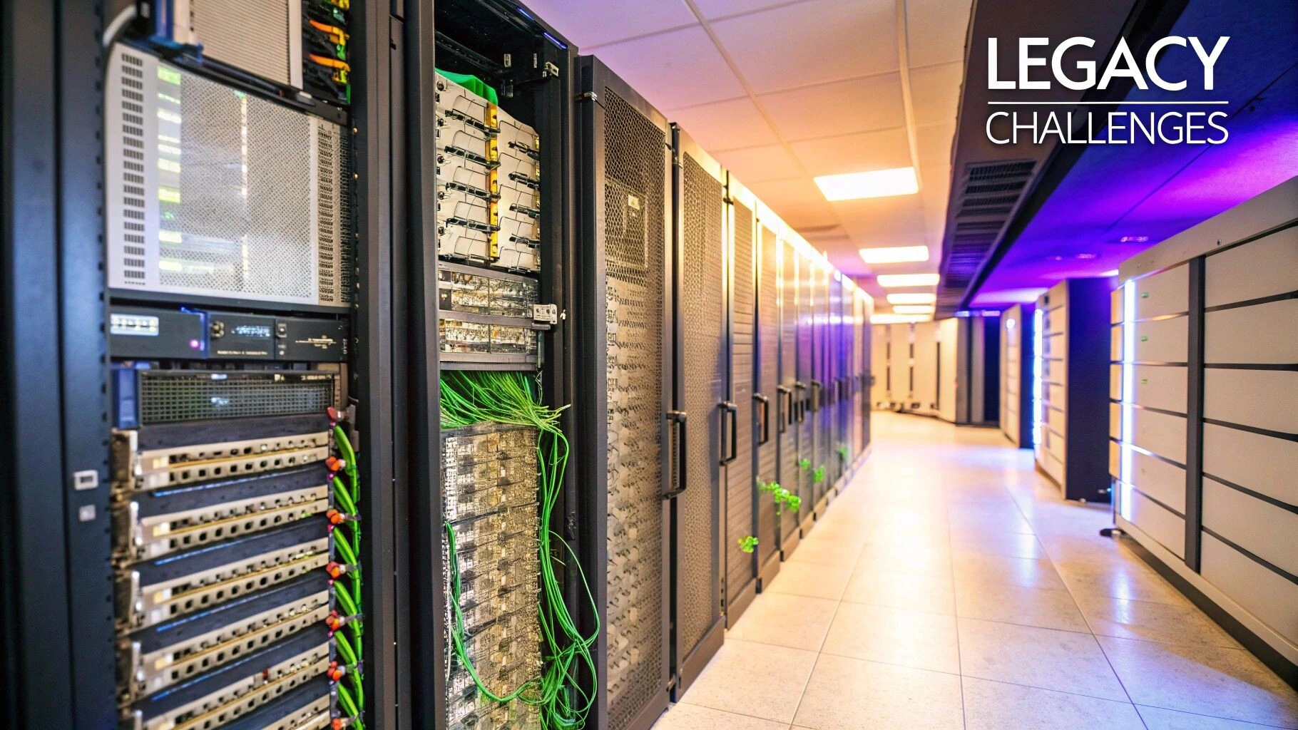 Technician working on outdated server racks