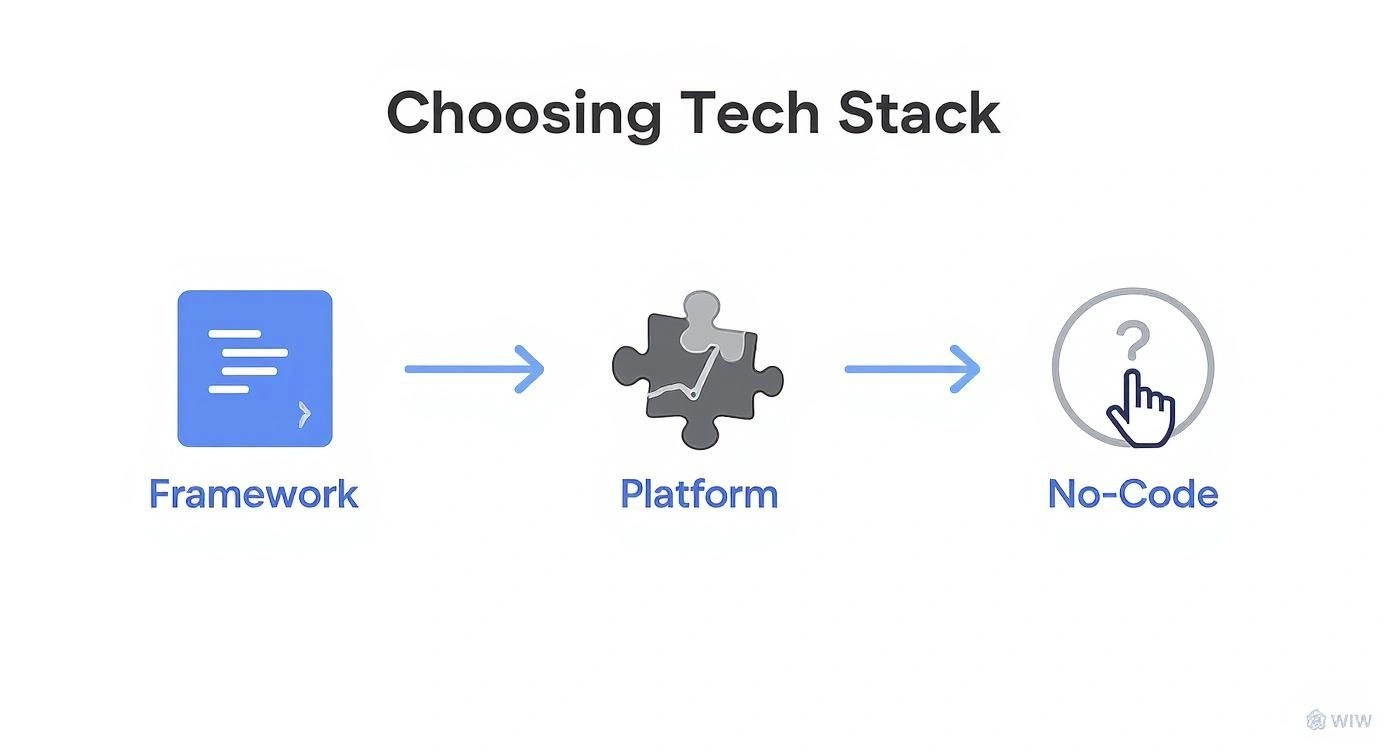 Infographic showing the process flow of choosing a tech stack, from Frameworks to Platforms to No-Code options.