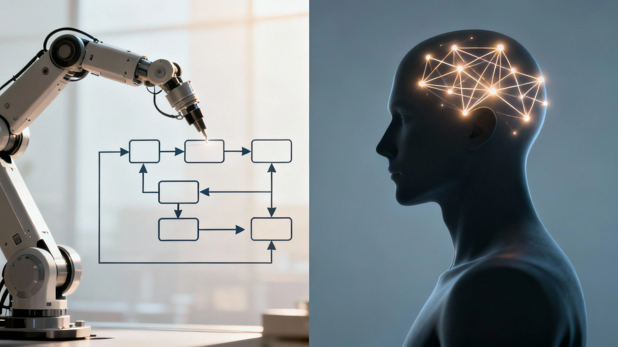 Two futuristic robots collaborating at a digital interface, representing the synergy of automation and AI.