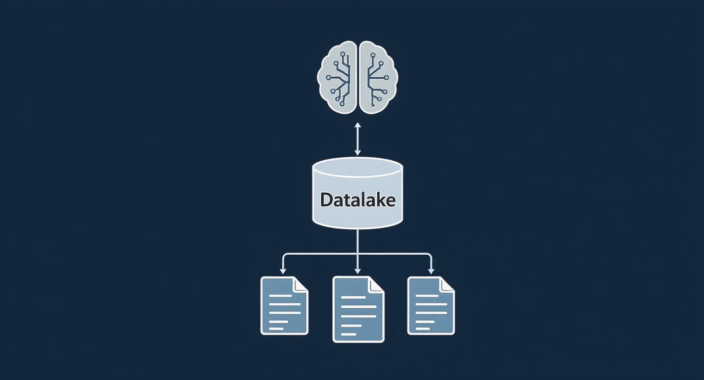 Infographic showing a vertical stack with AI at the top, a Datalake in the middle, and Raw Data at the bottom.