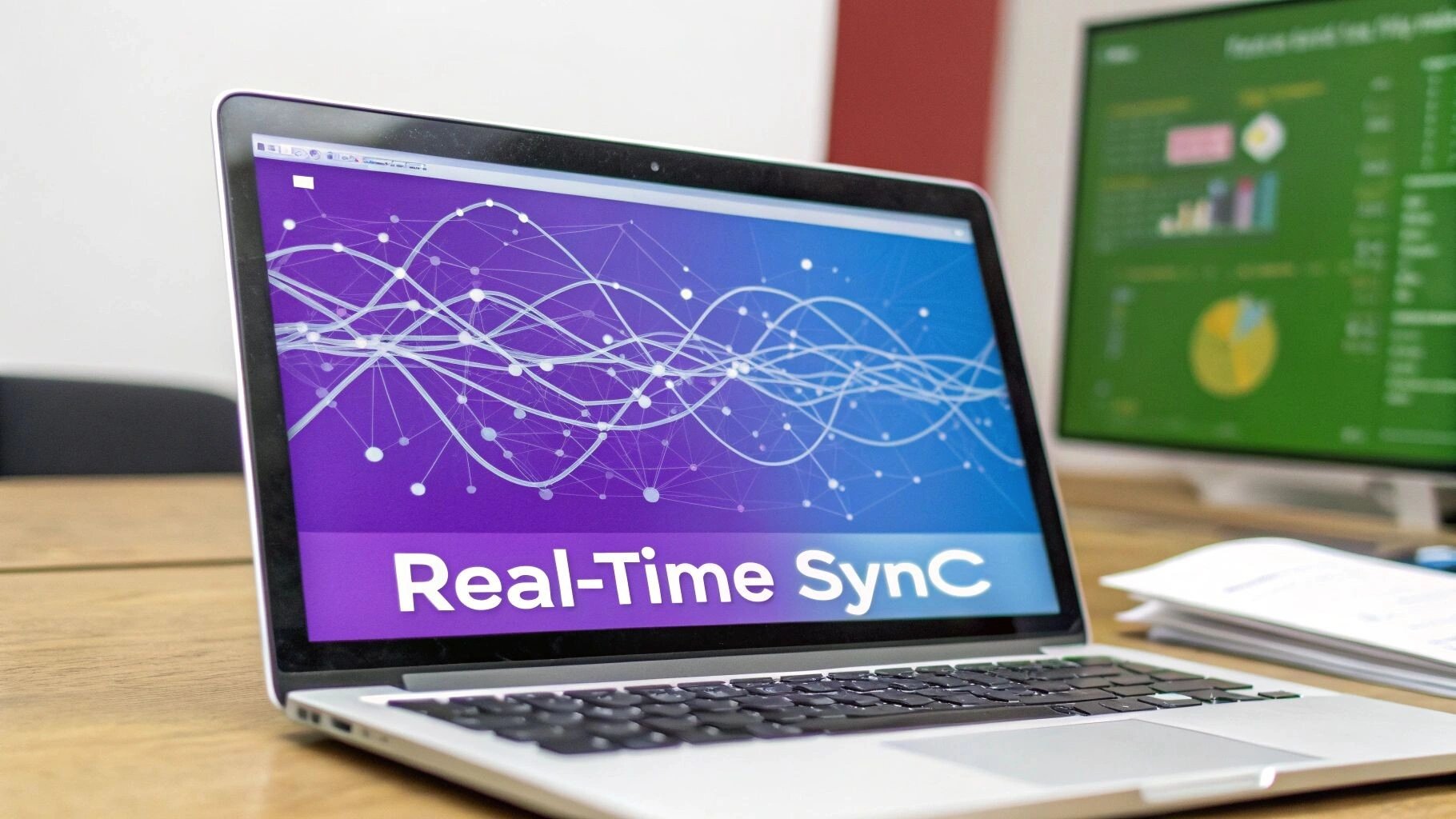 An illustration showing data being synchronised in real-time between various devices and a central database, highlighting the complexity of maintaining consistency.