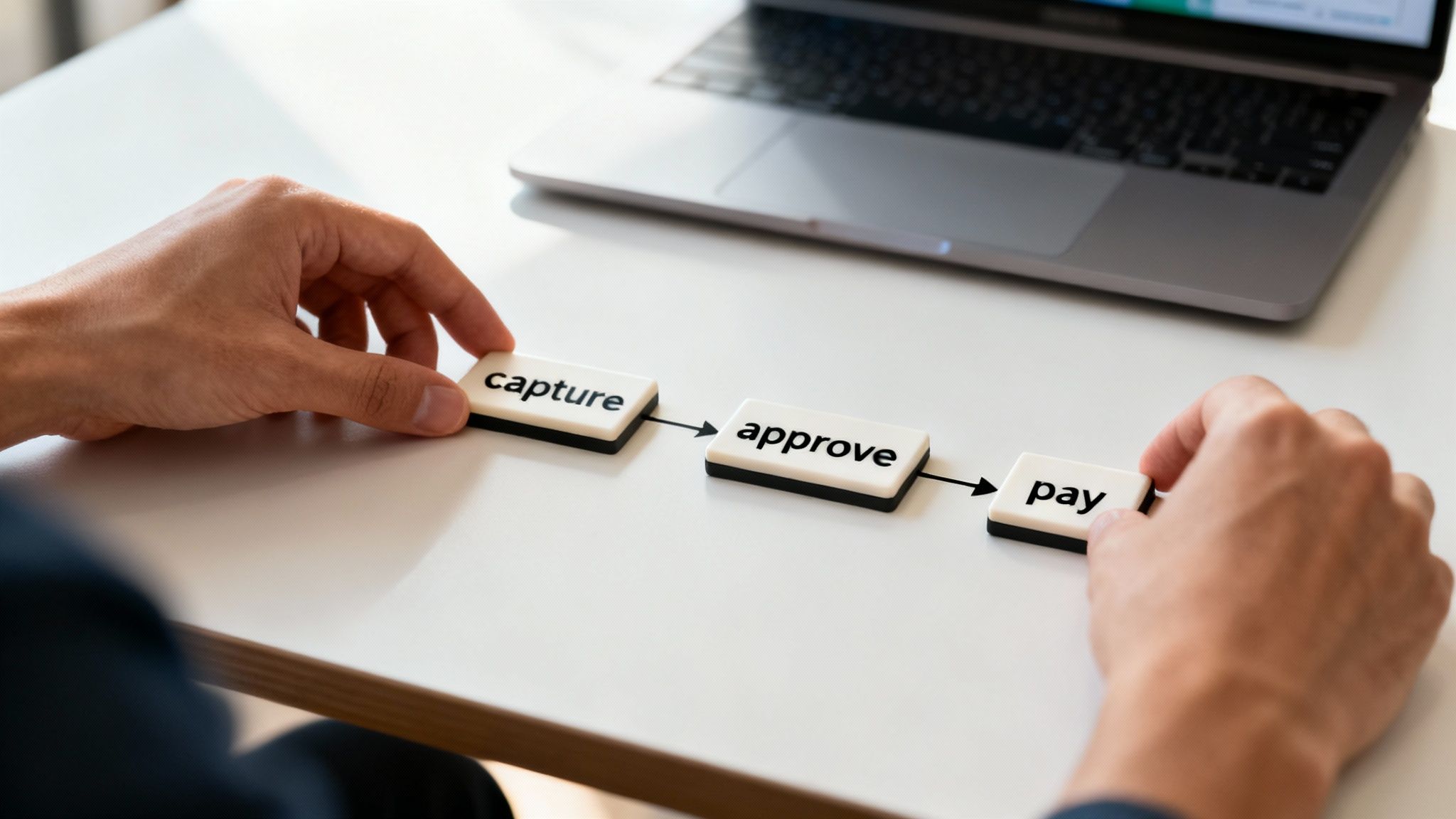 A person at a desk sketching out a workflow diagram on a tablet, with digital nodes and connections.