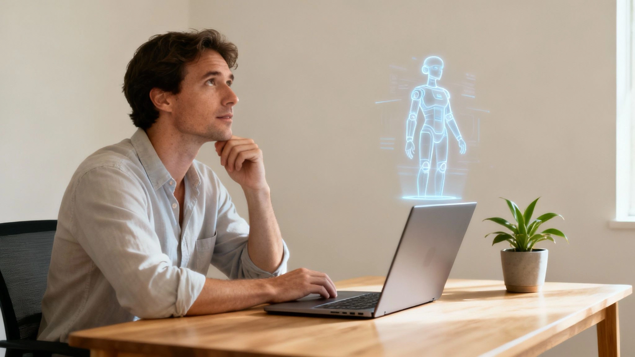 A professional woman interacting with a futuristic AI interface on a large screen.