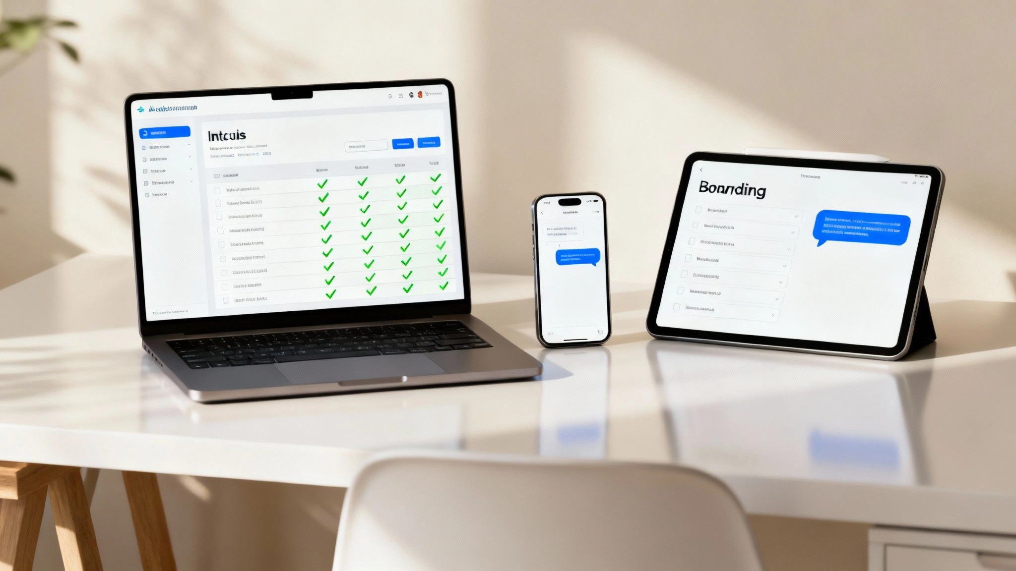 People collaborating in a modern office with digital interfaces.
