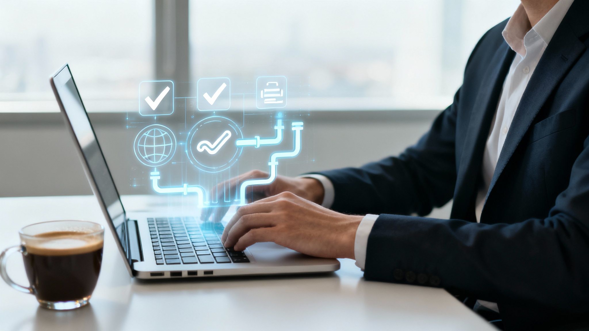 A person interacting with a futuristic digital interface, symbolizing AI automation.