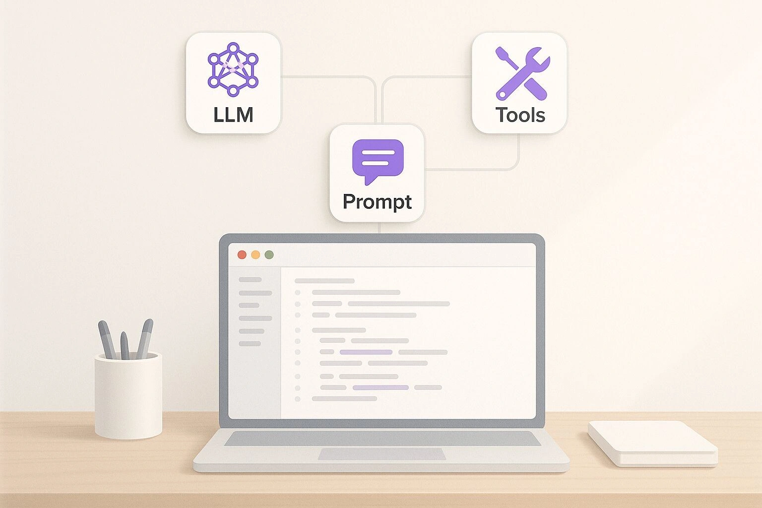 Infographic showing three icons for LLM, Tools, and Prompt connected by lines, illustrating the core components of Cloudflare Agents.