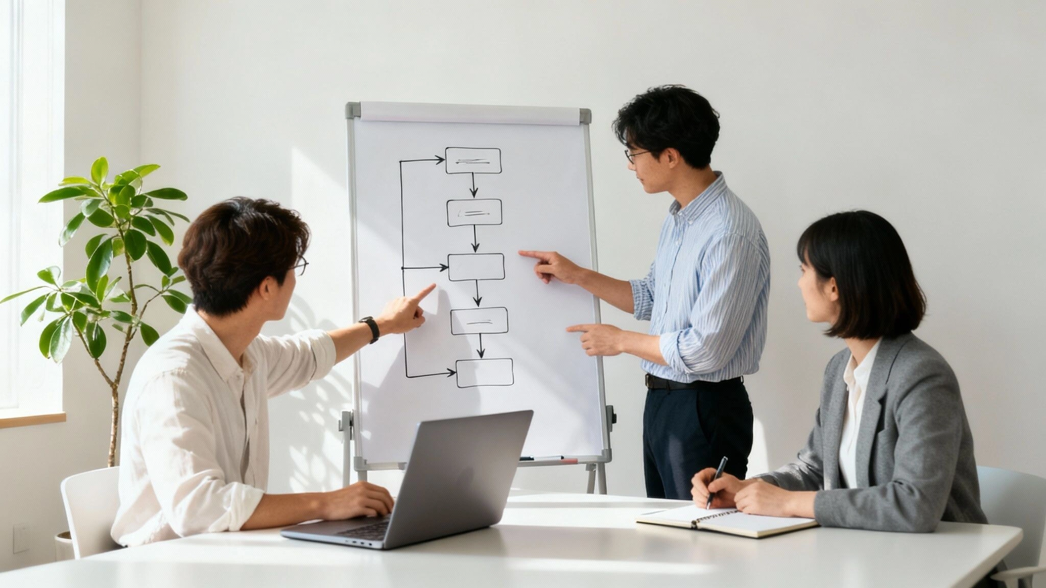 A team collaborating around a whiteboard, mapping out a process.