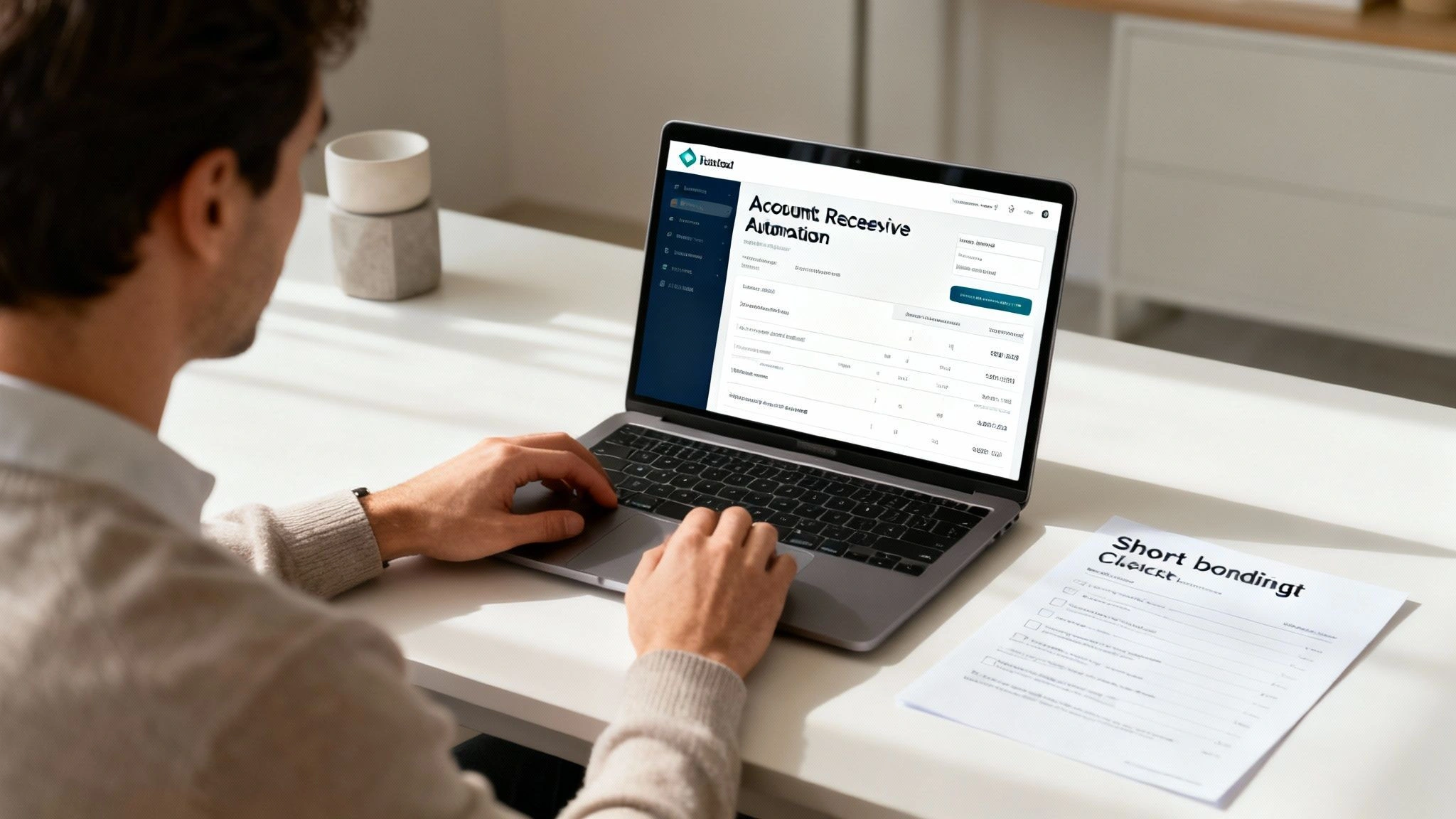 Person uses a laptop displaying 'Account Receivable Automation' software on a modern office desk.