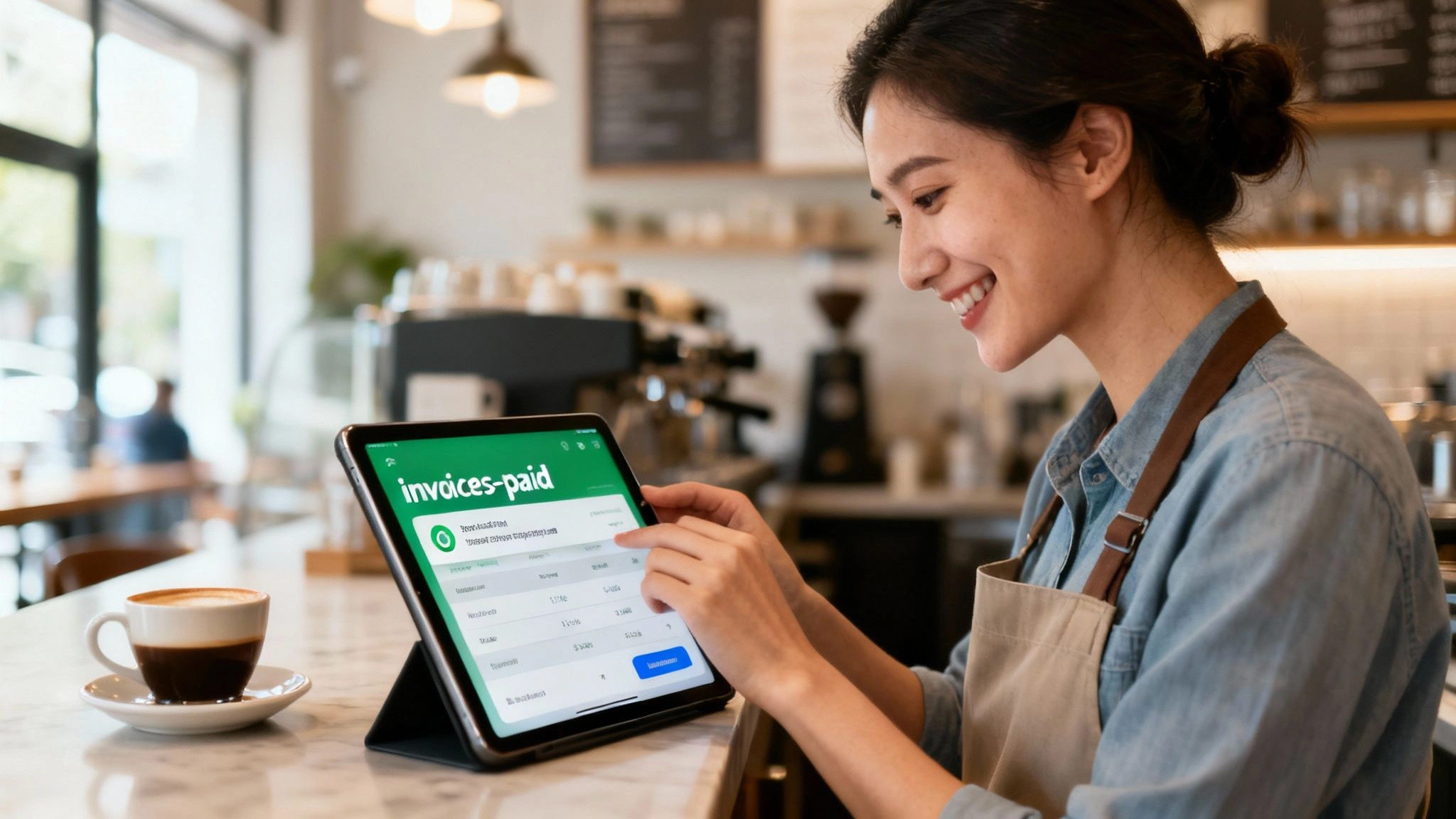 Smiling woman in an apron uses a tablet to manage invoices in her coffee shop.