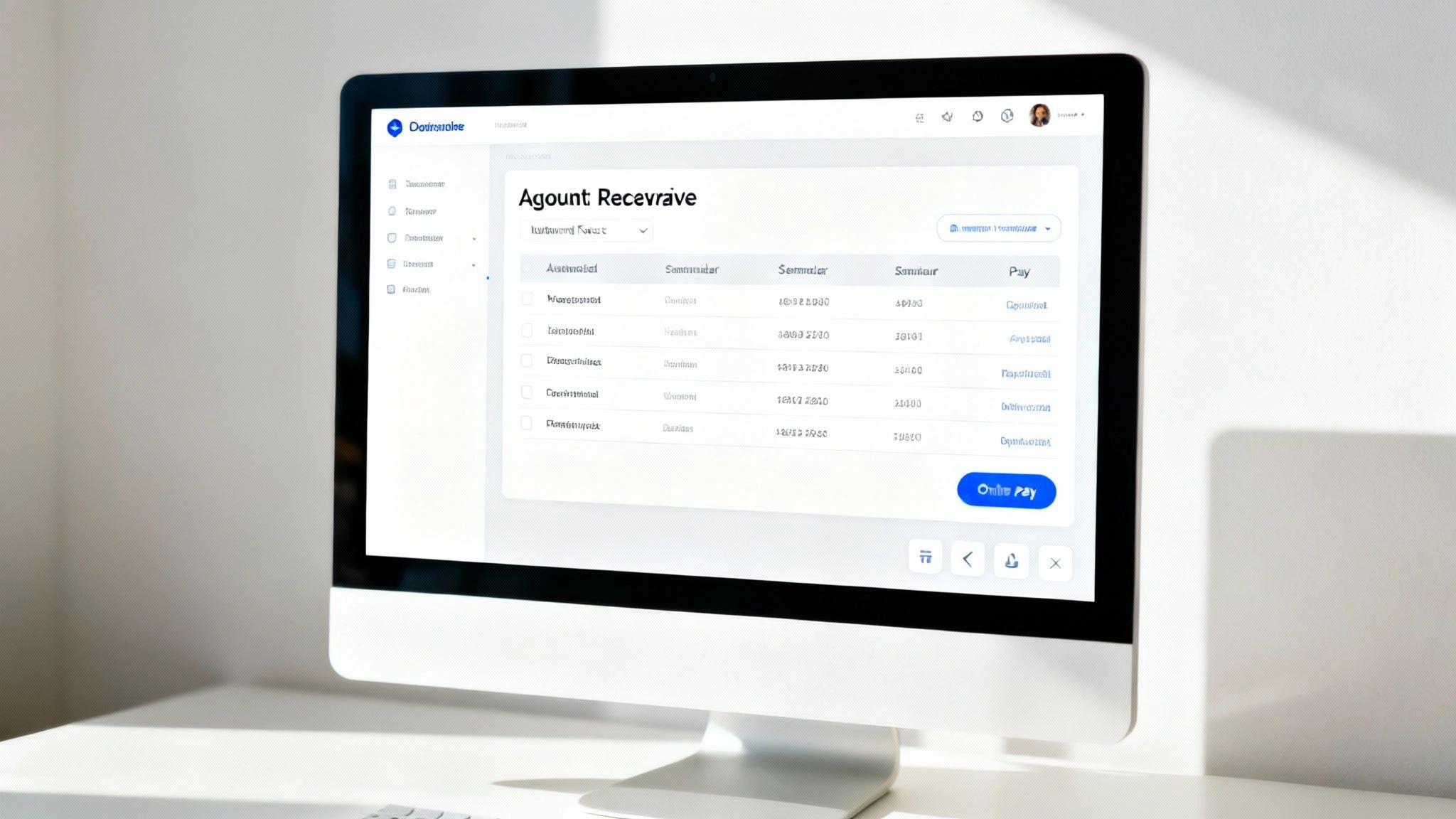 A desktop monitor displays a clean interface of accounts receivable software with data and navigation.