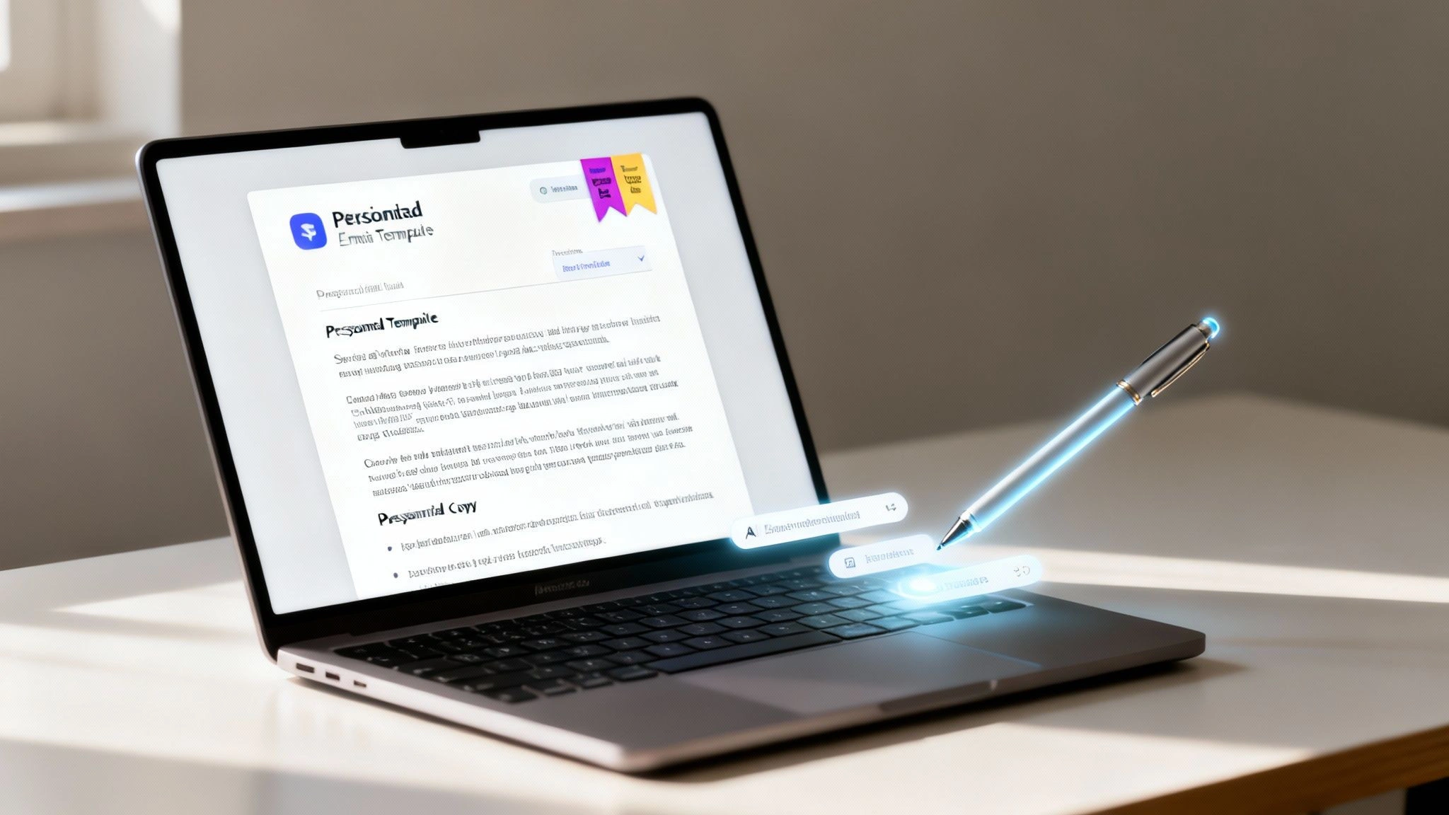 A laptop on a desk shows an email template with a glowing pen interacting with AI editing features.