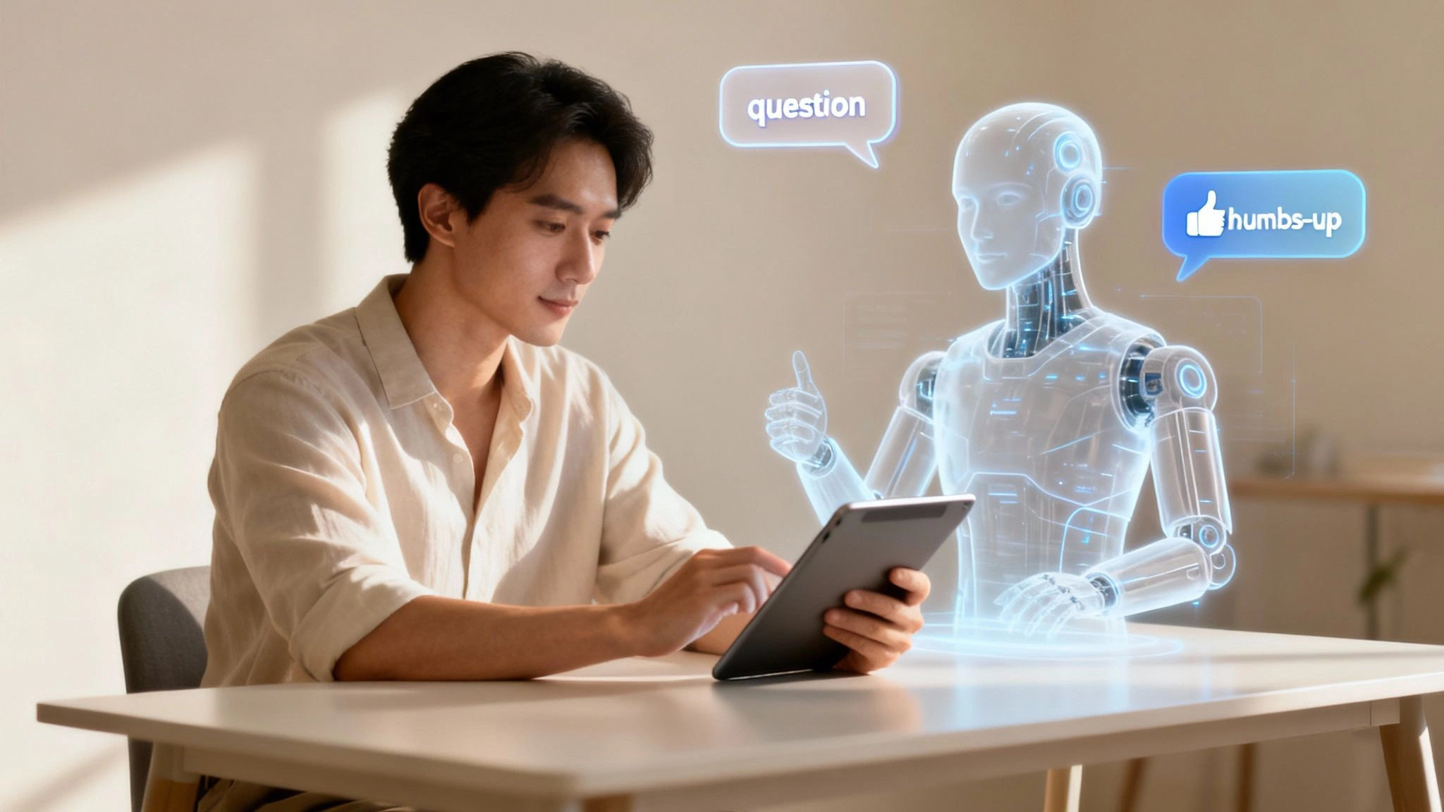 Young man interacts with a holographic AI assistant via tablet, showcasing digital support.