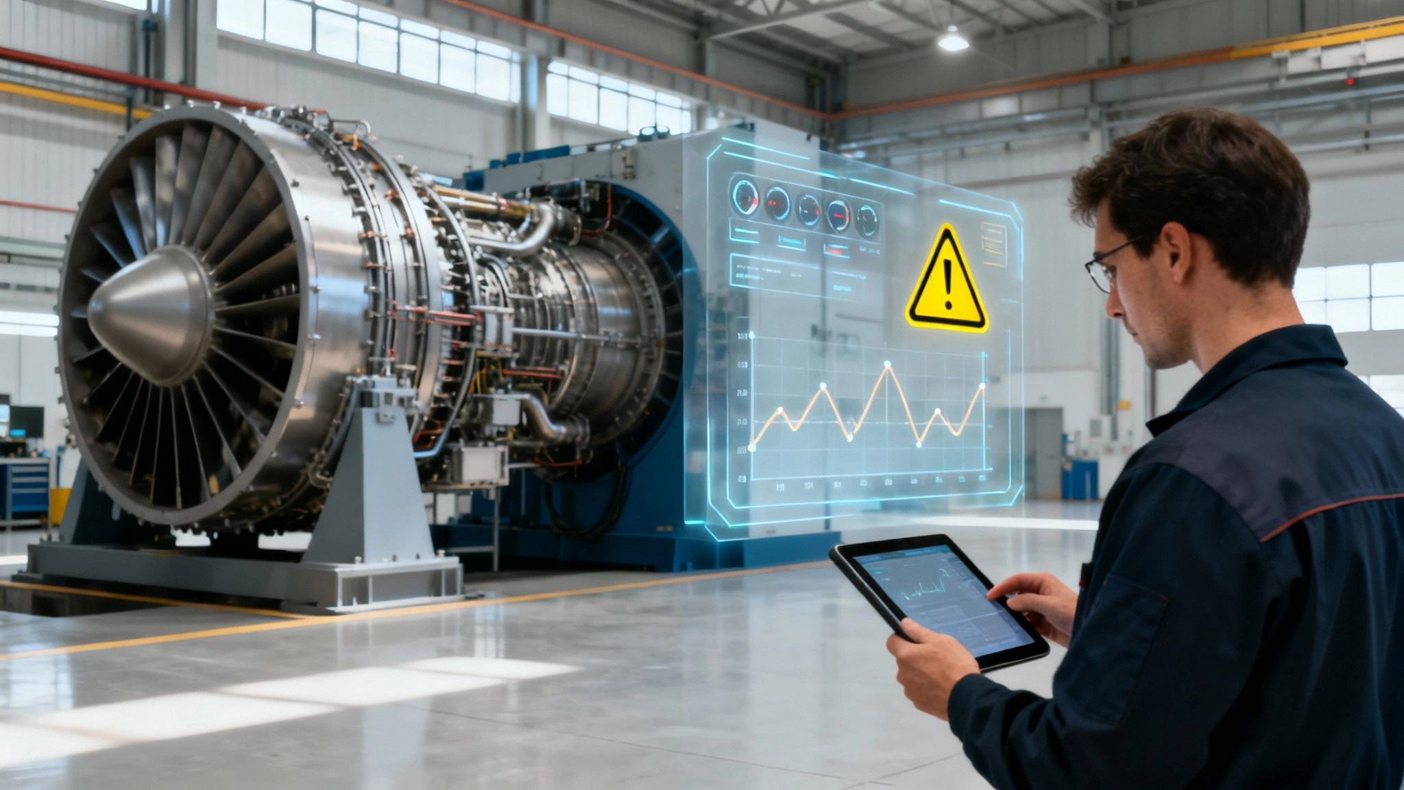 Engineer uses AR tablet to monitor an industrial turbine with data charts and warning sign.