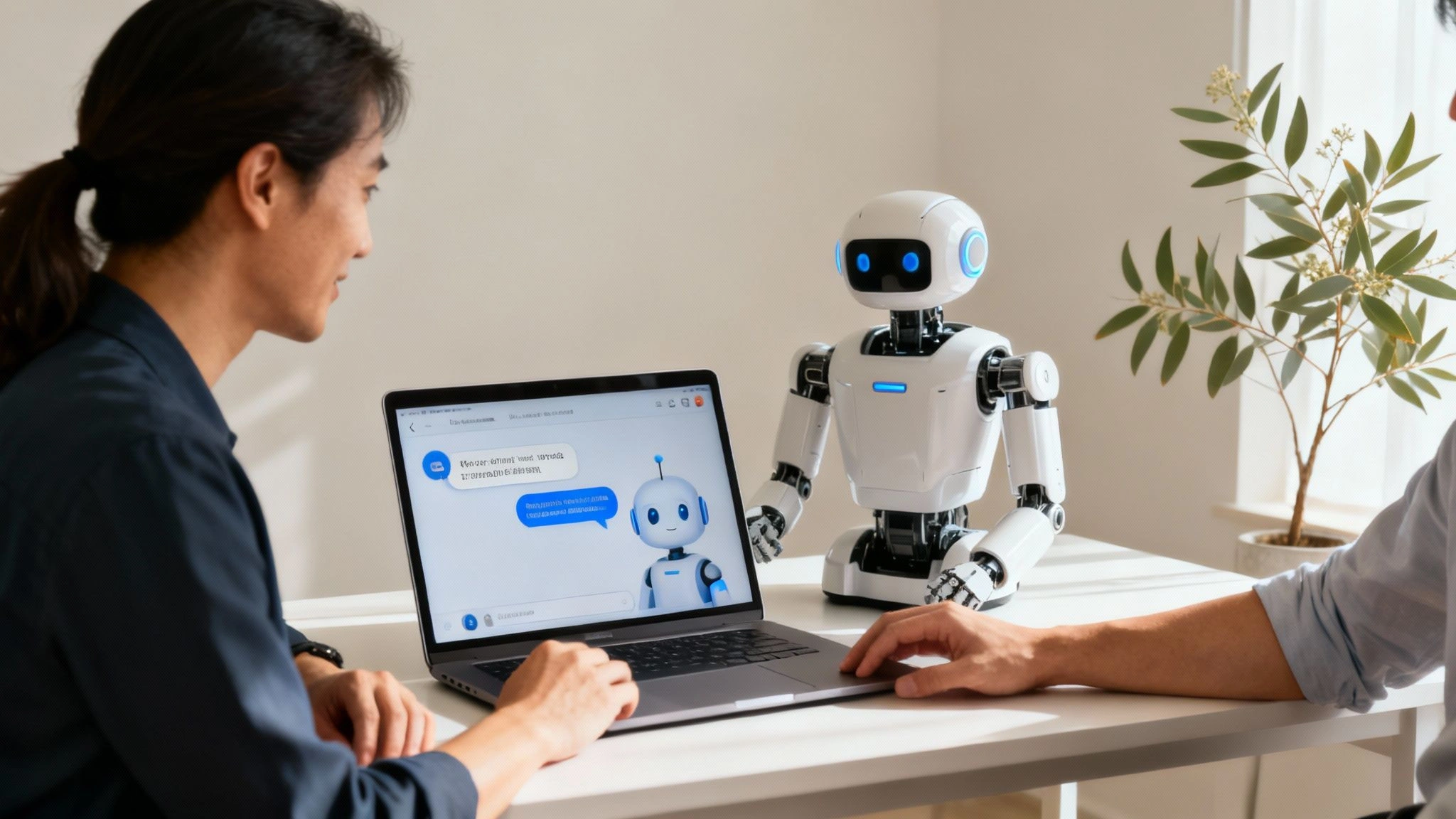 Two developers interact with an AI chatbot on a laptop, next to a white robot on a desk.
