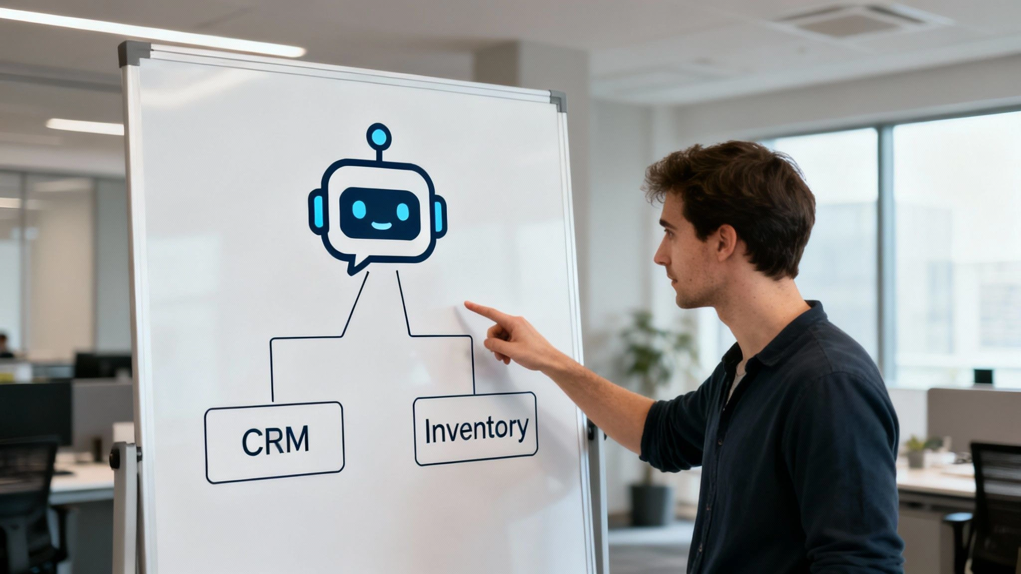 A man in an office points at a whiteboard diagram connecting an AI chatbot to CRM and Inventory systems.