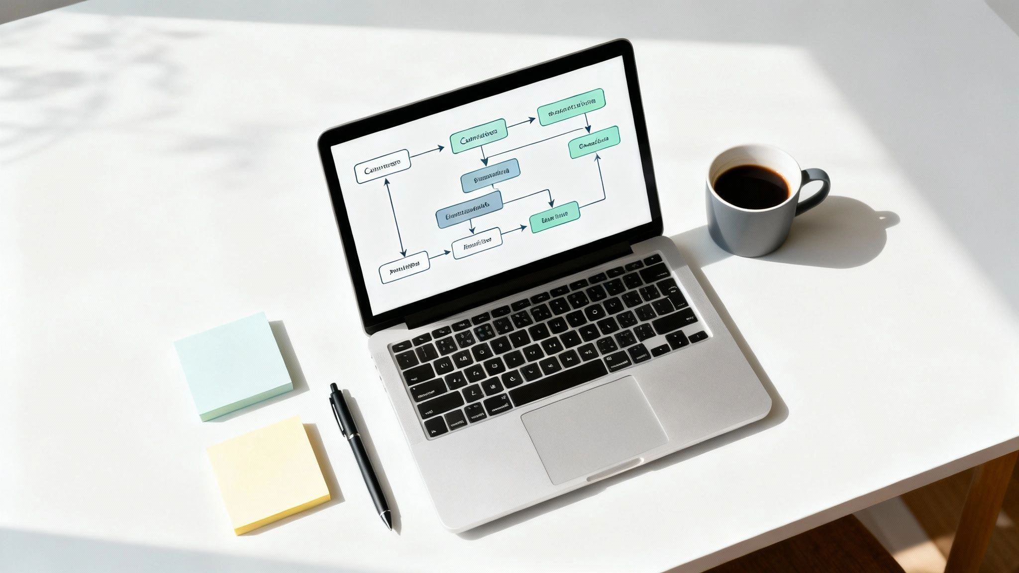 Overhead view of a minimalist workspace with a laptop showing a flowchart, coffee, sticky notes, and a pen.