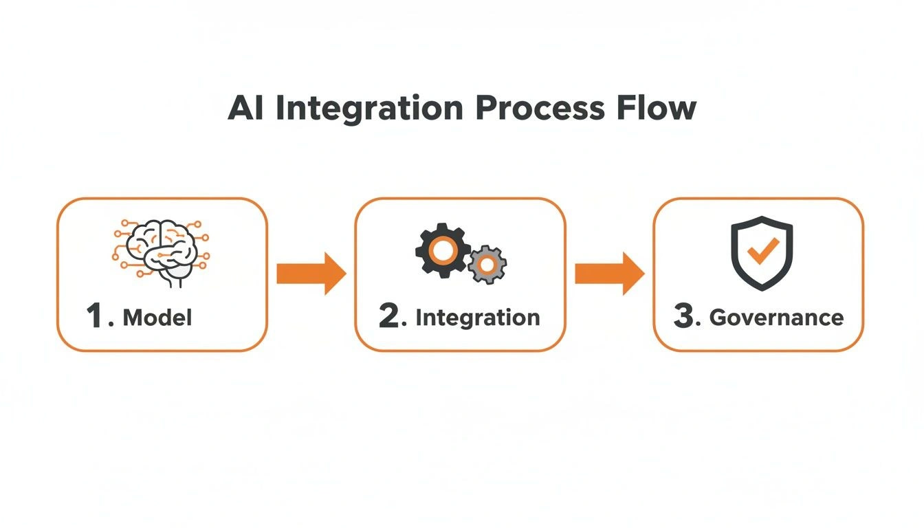 An AI integration process flow chart illustrating three key stages: Model, Integration, and Governance.