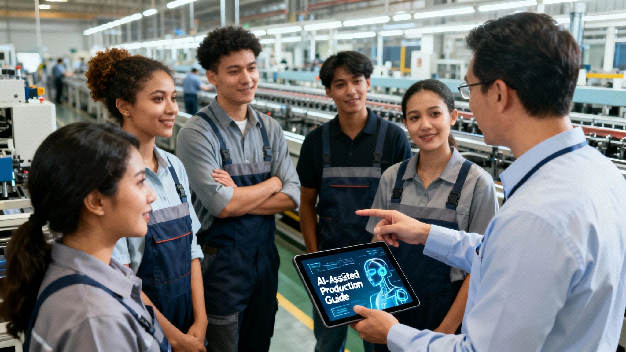 AI in Manufacturing Explained: A Practical Guide to Efficiency 3 A supervisor shows diverse factory workers an AI-assisted production guide on a tablet in a modern plant.