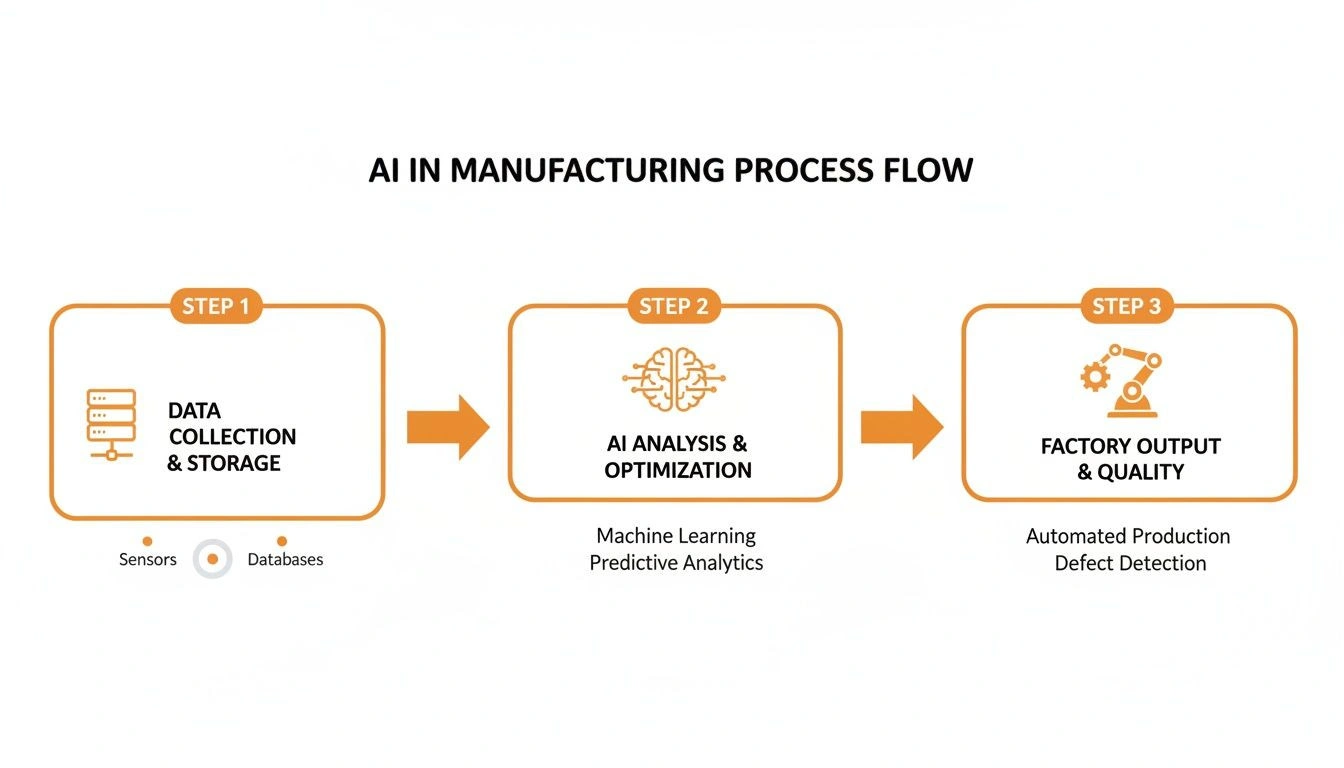 AI in Manufacturing Explained: A Practical Guide to Efficiency 2 A diagram illustrates the three-step AI in manufacturing process flow, from data collection to quality output.